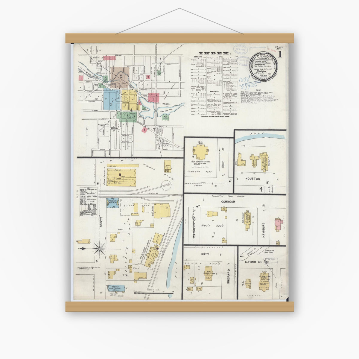 Old map wall art mockup — magnetic wood frame on white wall — Sanborn Fire Insurance Map from Ripon, Fond du Lac County, Wisconsin (1898), Sheet #0001