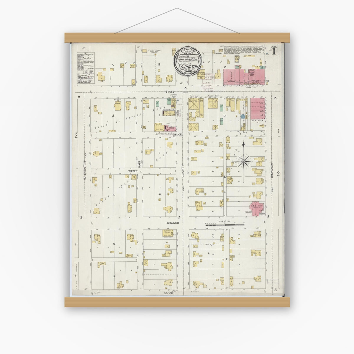 Old map wall art mockup — magnetic wood frame on white wall — Sanborn Fire Insurance Map from Lovington, Moultrie County, Illinois (1899) - Complete Map Set