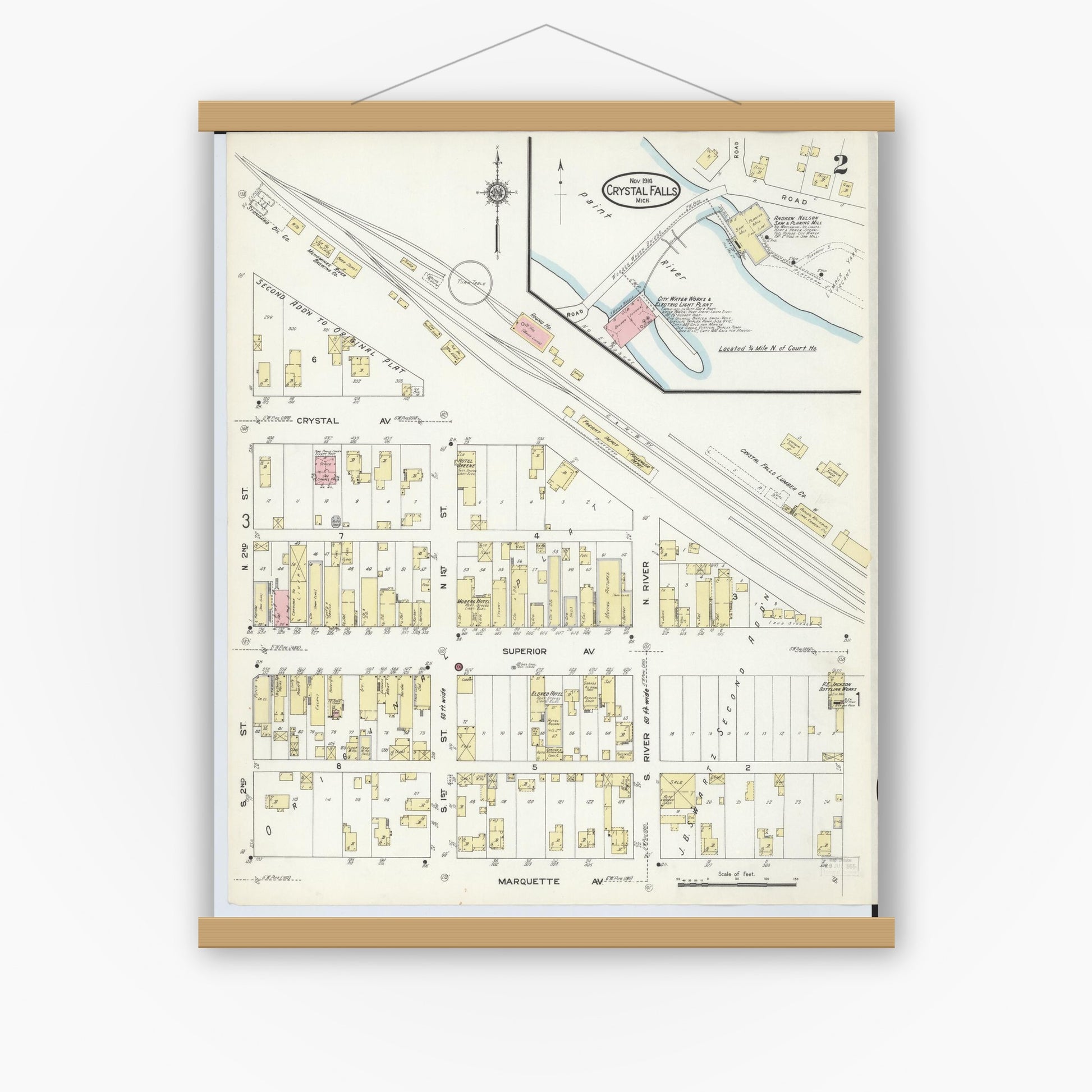Old map wall art mockup — magnetic wood frame on white wall — Sanborn Fire Insurance Map from Crystal Falls, Iron County, Michigan (1914), Sheet #0002