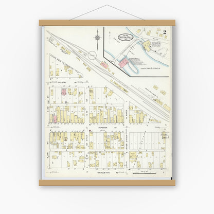 Old map wall art mockup — magnetic wood frame on white wall — Sanborn Fire Insurance Map from Crystal Falls, Iron County, Michigan (1914), Sheet #0002