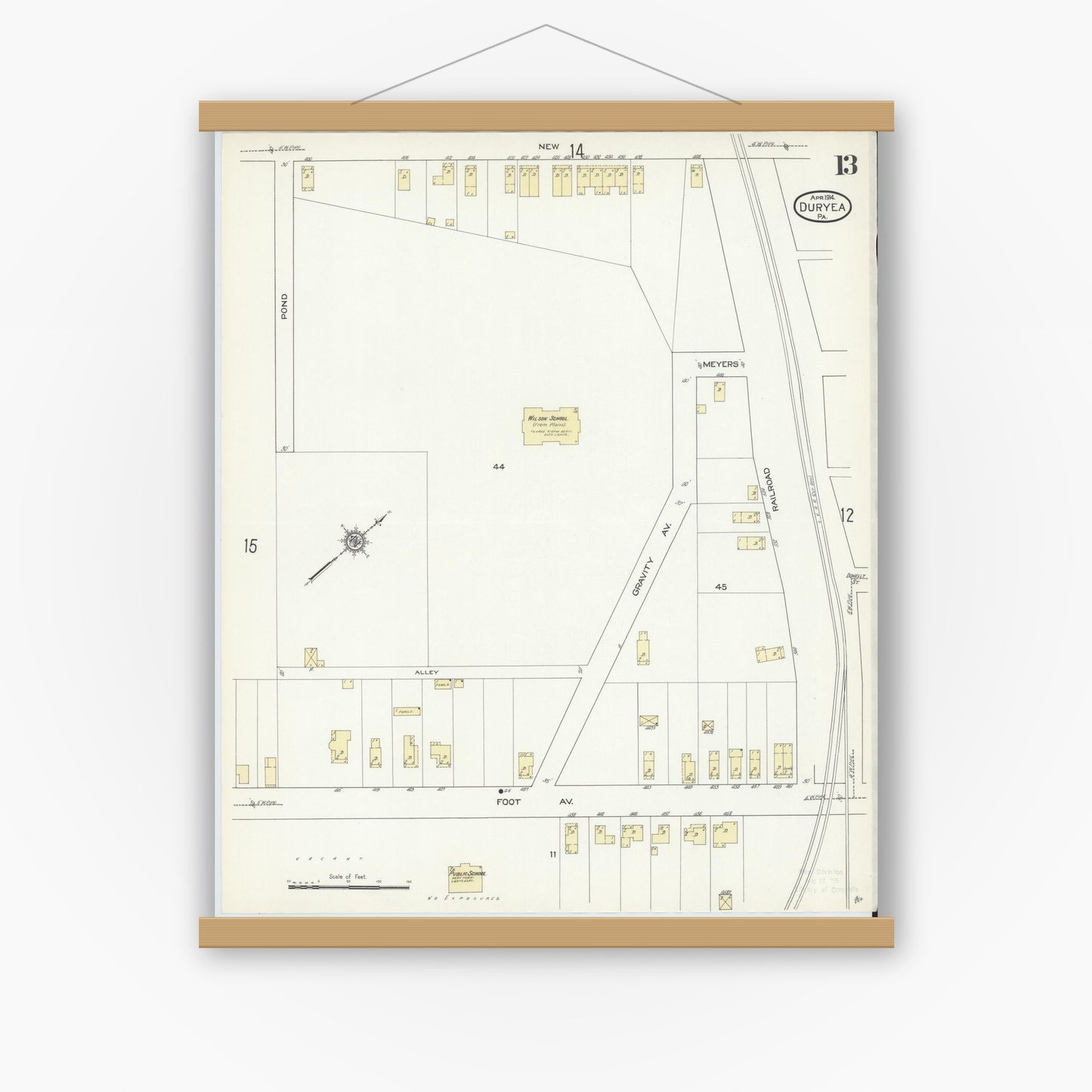 Old map wall art mockup — magnetic wood frame on white wall — Sanborn Fire Insurance Map from Duryea, Luzerne County, Pennsylvania (1914), Sheet #0013