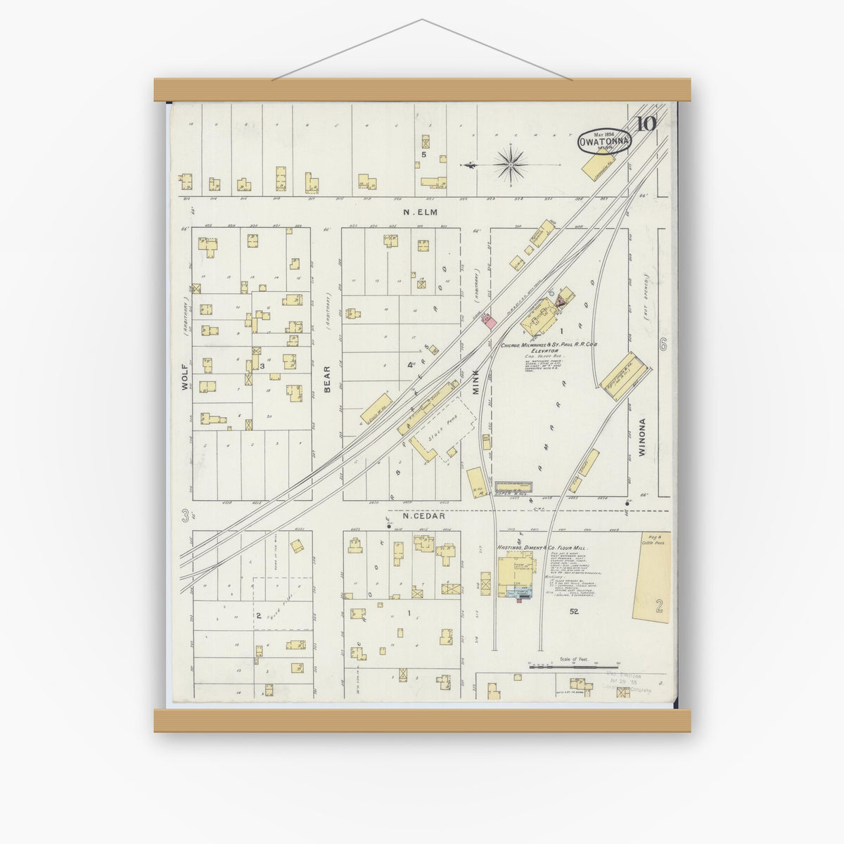 Old map wall art mockup — magnetic wood frame on white wall — Sanborn Fire Insurance Map from Owatonna, Steele County, Minnesota (1894), Sheet #0010