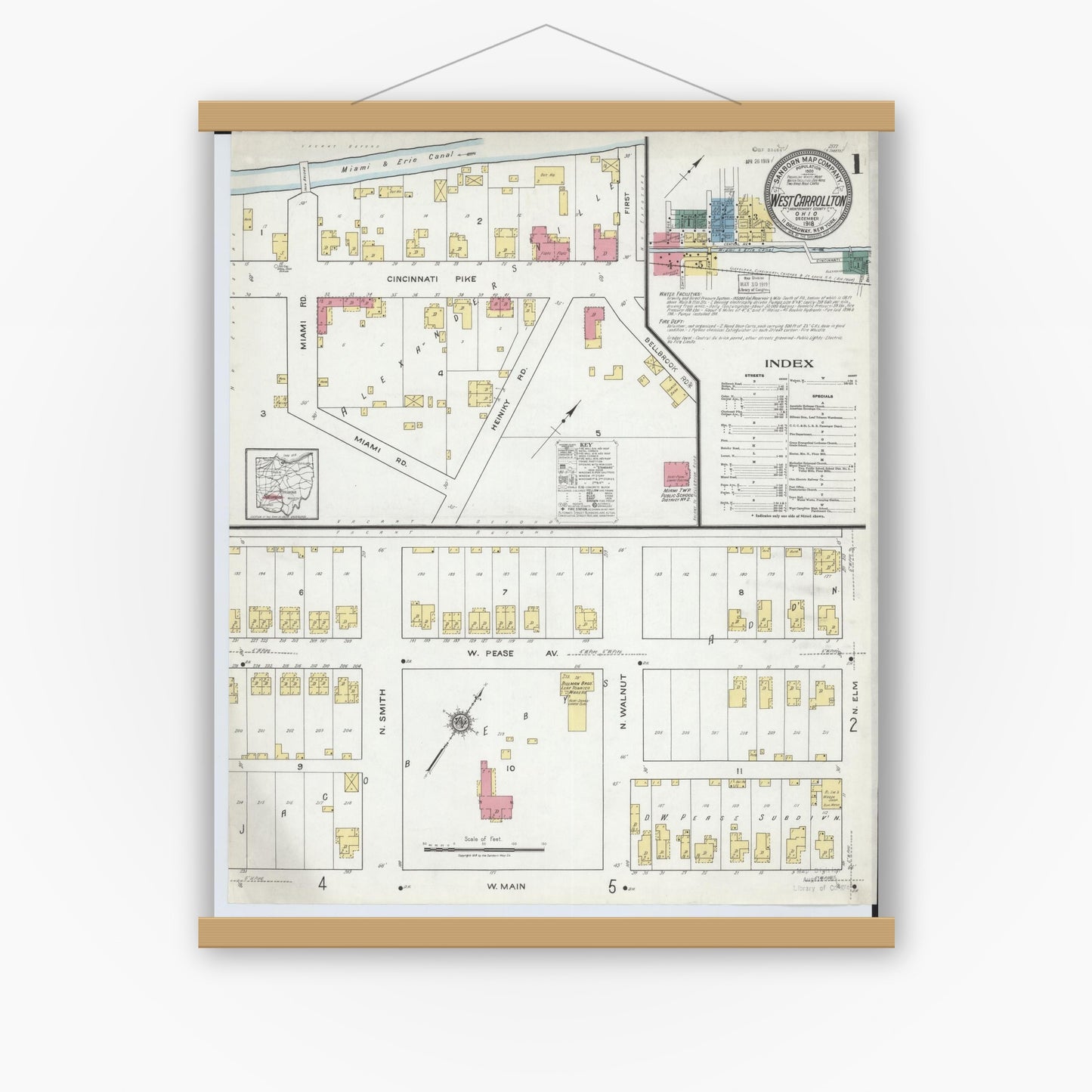 Old map wall art mockup — magnetic wood frame on white wall — Sanborn Fire Insurance Map from West Carrollton, Montgomery County, Ohio (1918), Sheet #0001