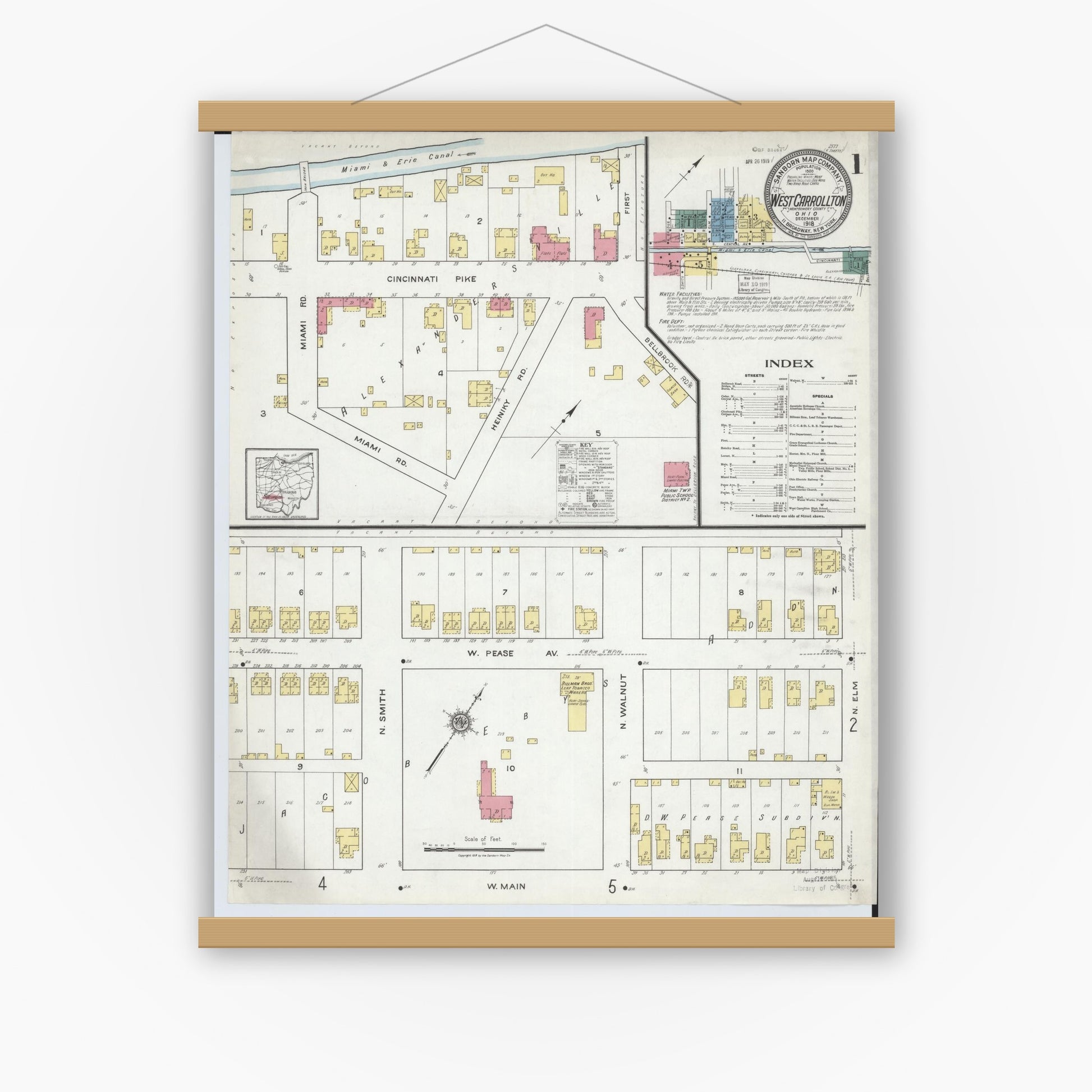 Old map wall art mockup — magnetic wood frame on white wall — Sanborn Fire Insurance Map from West Carrollton, Montgomery County, Ohio (1918), Sheet #0001