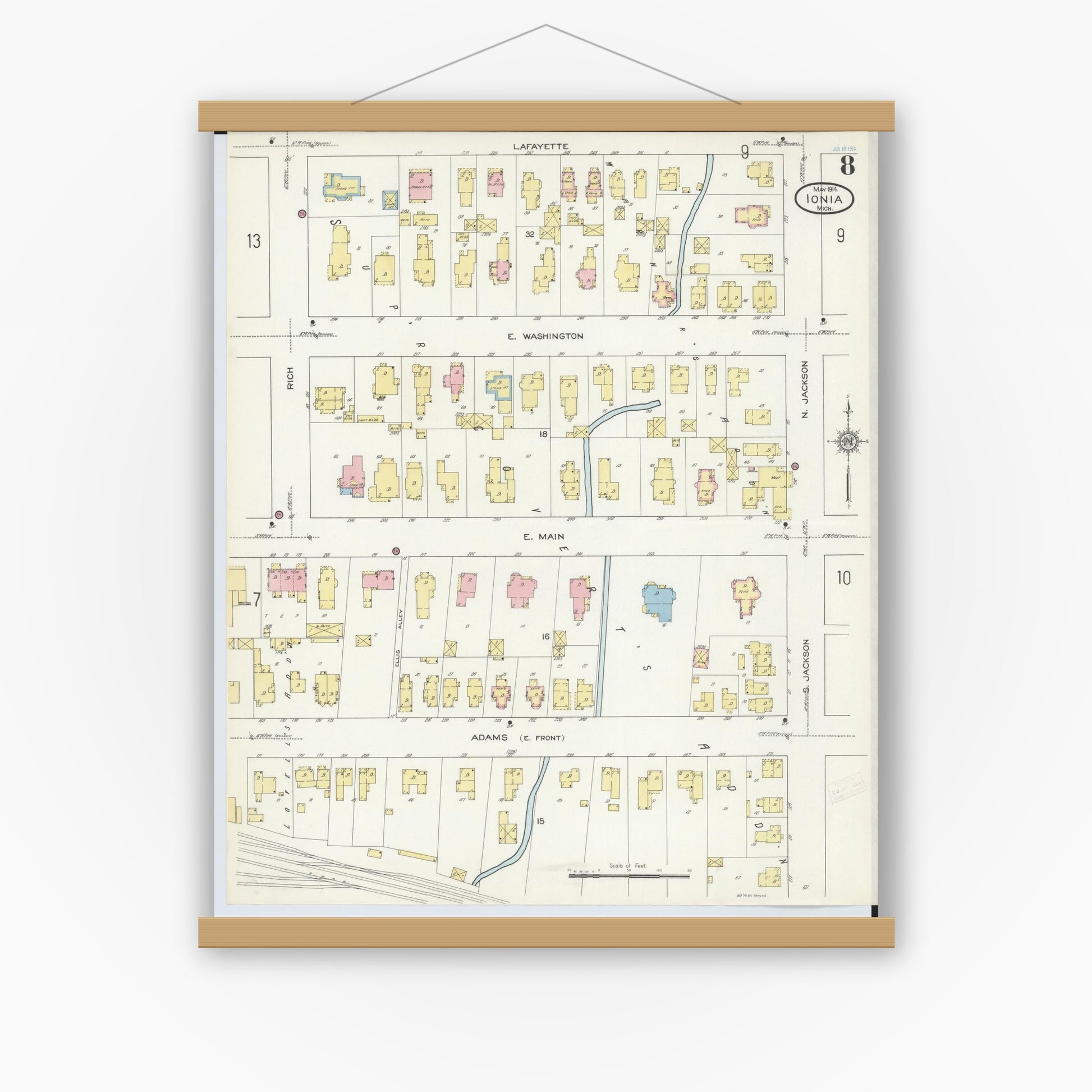 Old map wall art mockup — magnetic wood frame on white wall — Sanborn Fire Insurance Map from Ionia, Ionia County, Michigan (1914), Sheet #0008