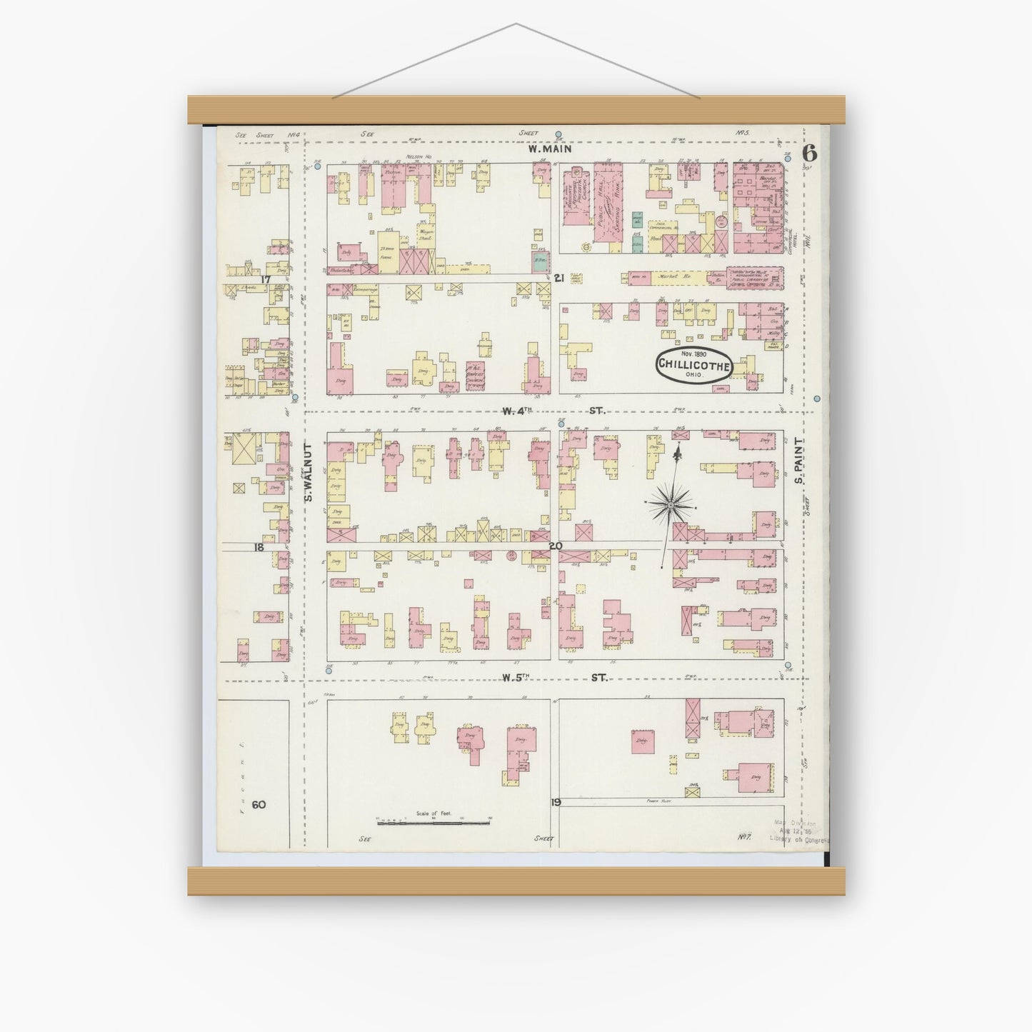 Old map wall art mockup — magnetic wood frame on white wall — Sanborn Fire Insurance Map from Chillicothe, Ross County, Ohio (1890), Sheet #0006