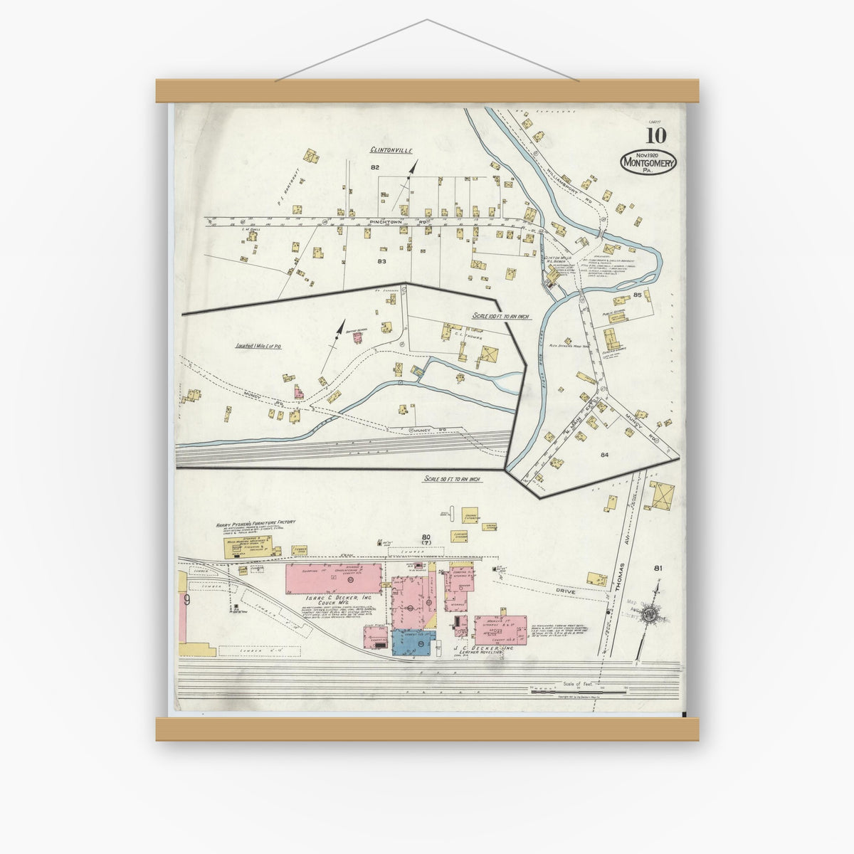 Old map wall art mockup — magnetic wood frame on white wall — Sanborn Fire Insurance Map from Montgomery, Lycoming County, Pennsylvania (1920), Sheet #0010
