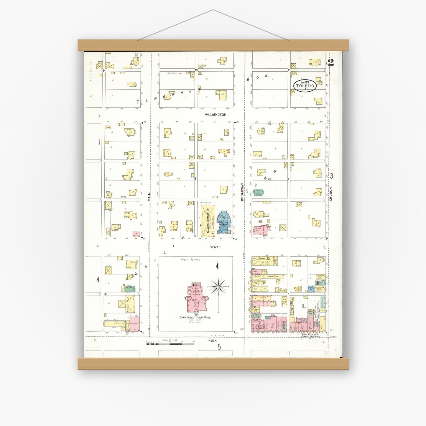 Old map wall art mockup — magnetic wood frame on white wall — Sanborn Fire Insurance Map from Toledo, Tama County, Iowa (1906), Sheet #0002