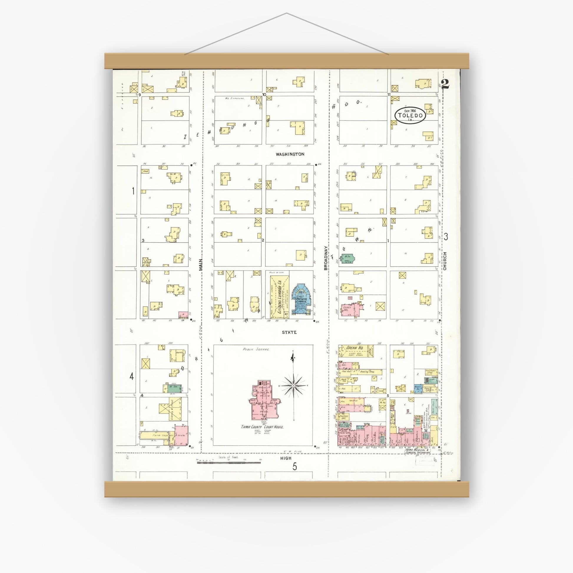 Old map wall art mockup — magnetic wood frame on white wall — Sanborn Fire Insurance Map from Toledo, Tama County, Iowa (1906), Sheet #0002