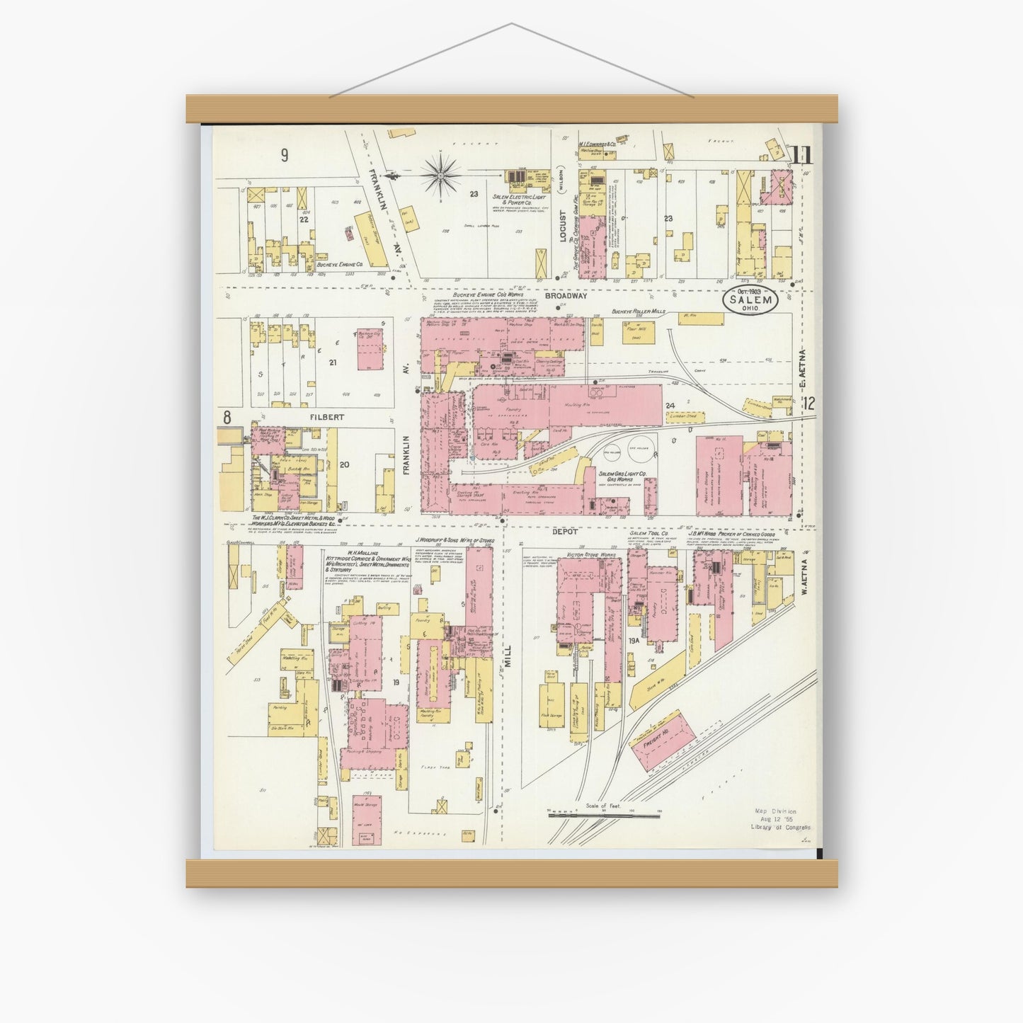 Old map wall art mockup — magnetic wood frame on white wall — Sanborn Fire Insurance Map from Salem, Columbiana County, Ohio (1903), Sheet #0011