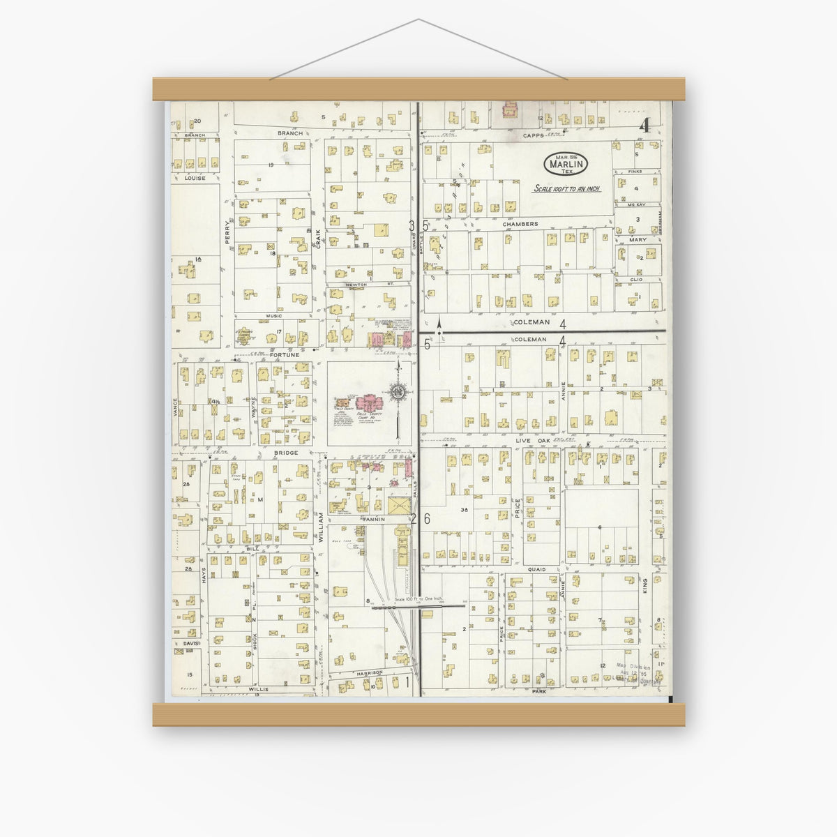 Old map wall art mockup — magnetic wood frame on white wall — Sanborn Fire Insurance Map from Marlin, Falls County, Texas (1916), Sheet #0004