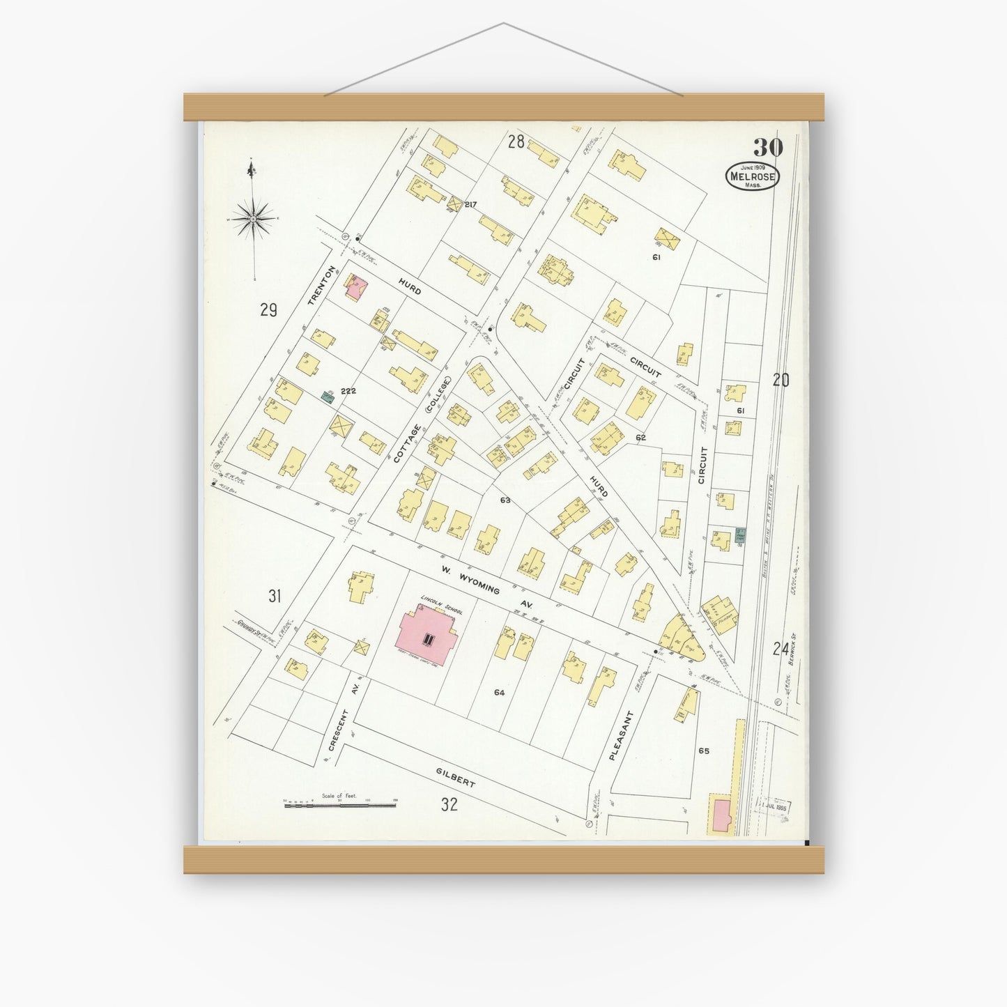 Old map wall art mockup — magnetic wood frame on white wall — Sanborn Fire Insurance Map from Melrose, Middlesex County, Massachusetts (1909), Sheet #0030