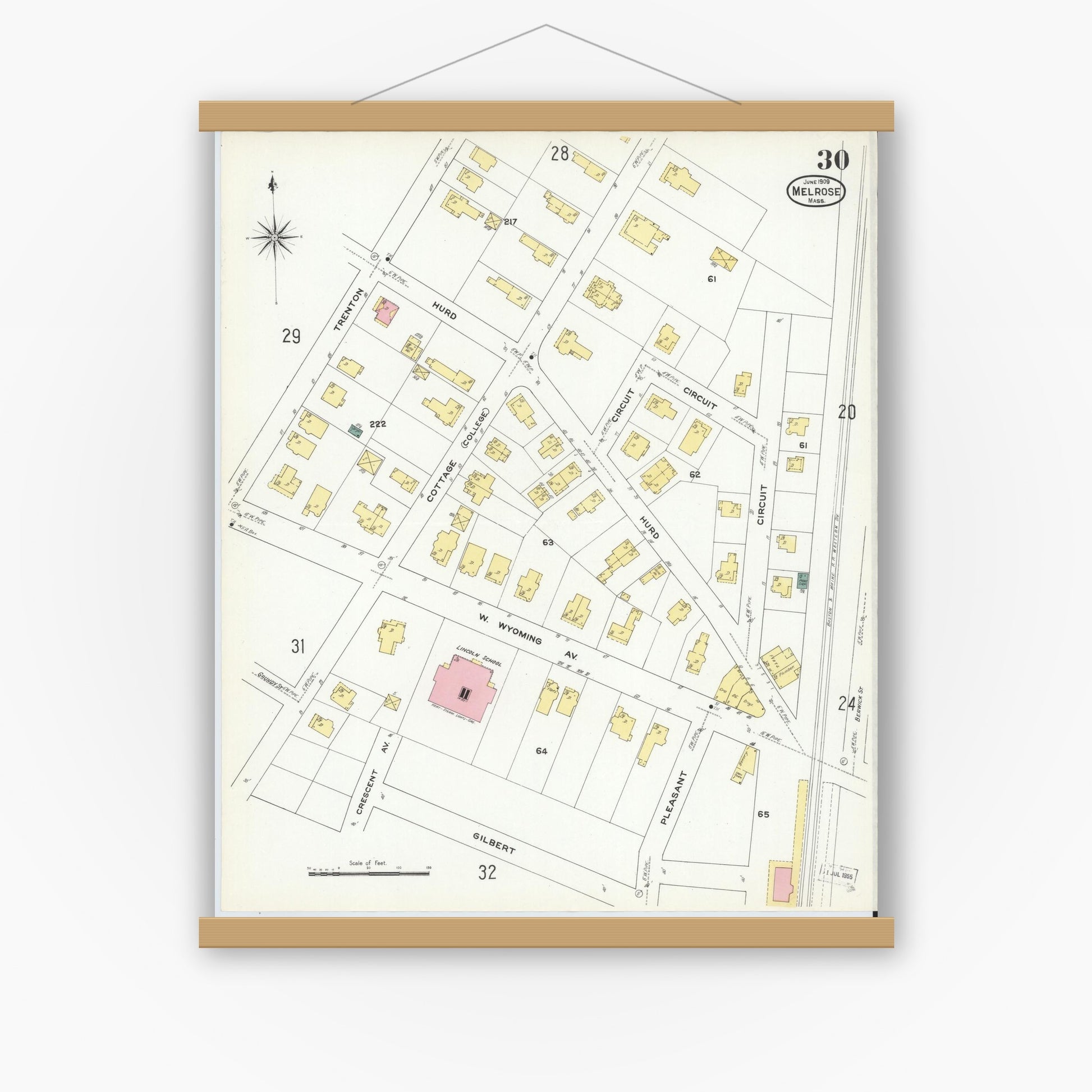 Old map wall art mockup — magnetic wood frame on white wall — Sanborn Fire Insurance Map from Melrose, Middlesex County, Massachusetts (1909), Sheet #0030