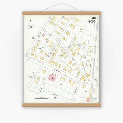 Old map wall art mockup — magnetic wood frame on white wall — Sanborn Fire Insurance Map from Melrose, Middlesex County, Massachusetts (1909), Sheet #0030