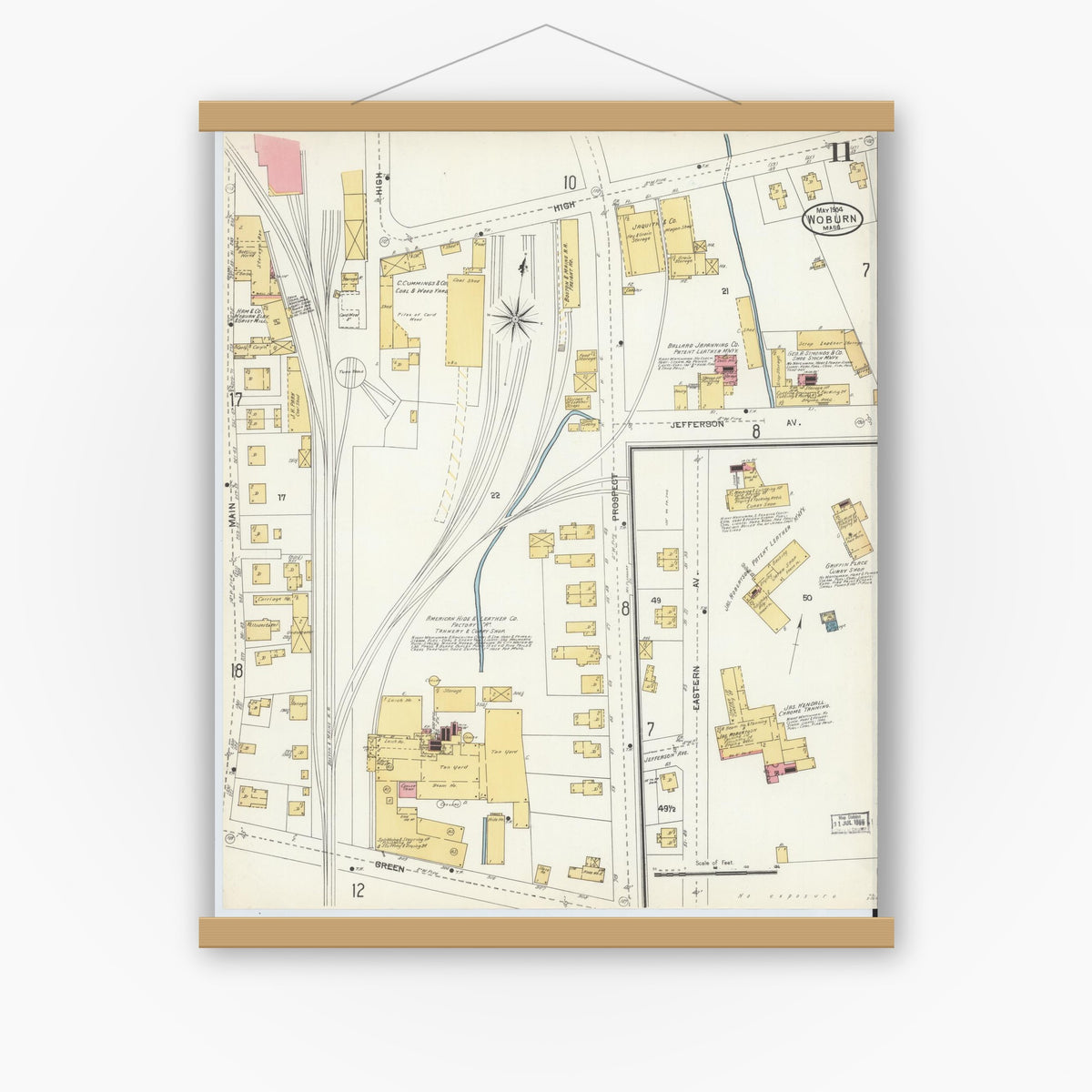 Old map wall art mockup — magnetic wood frame on white wall — Sanborn Fire Insurance Map from Woburn, Middlesex County, Massachusetts (1904), Sheet #0011