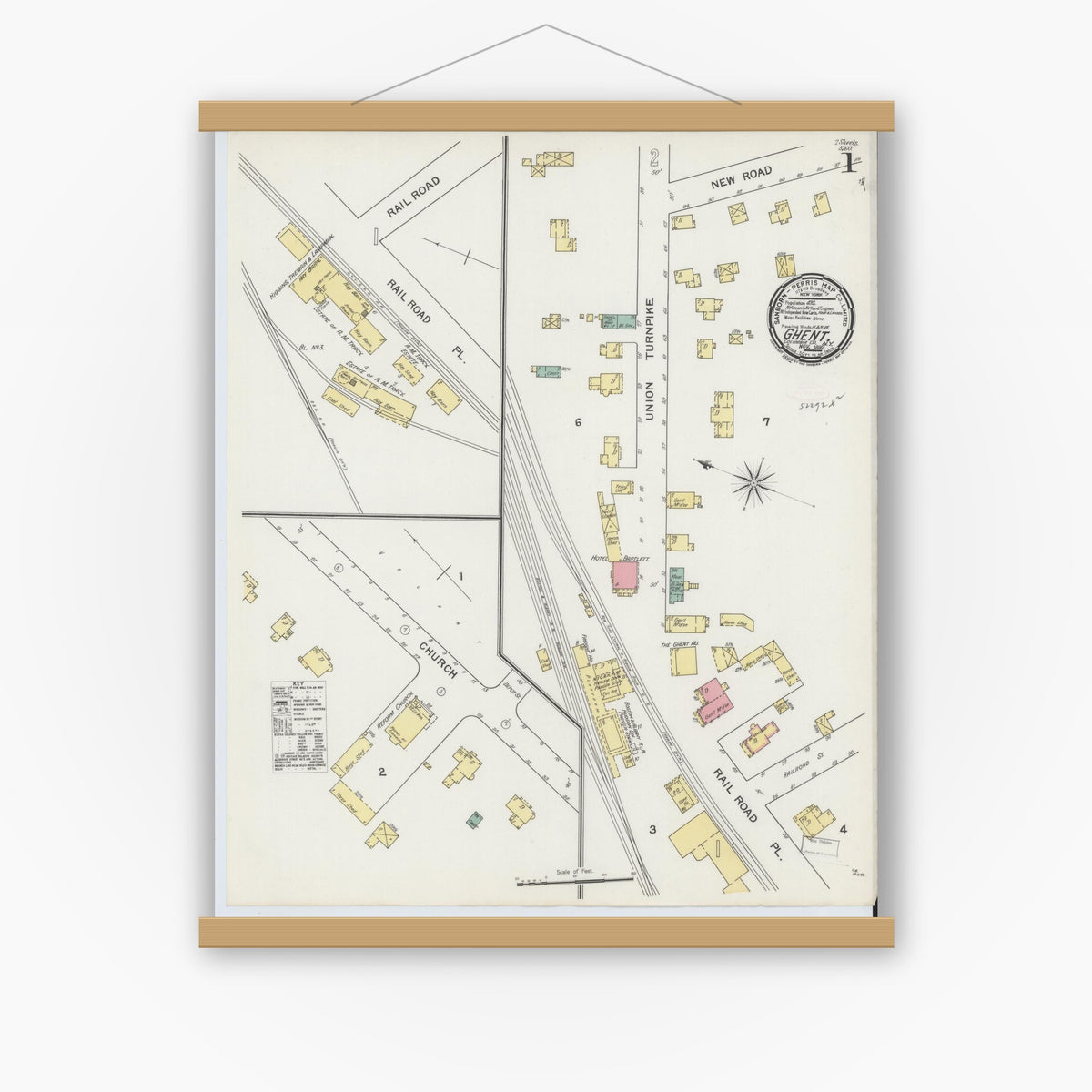Old map wall art mockup — magnetic wood frame on white wall — Sanborn Fire Insurance Map from Ghent, Columbia County, New York (1892), Sheet #0001
