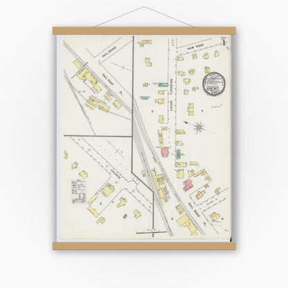 Old map wall art mockup — magnetic wood frame on white wall — Sanborn Fire Insurance Map from Ghent, Columbia County, New York (1892), Sheet #0001