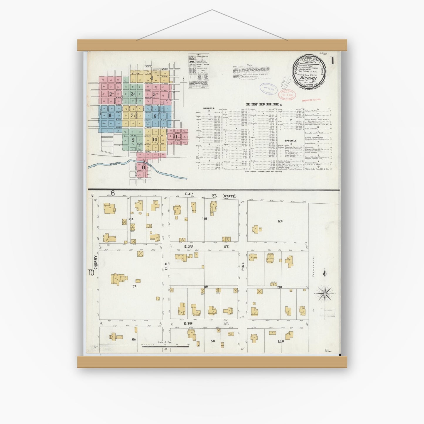 Old map wall art mockup — magnetic wood frame on white wall — Sanborn Fire Insurance Map from Bonham, Fannin County, Texas (1897), Sheet #0001