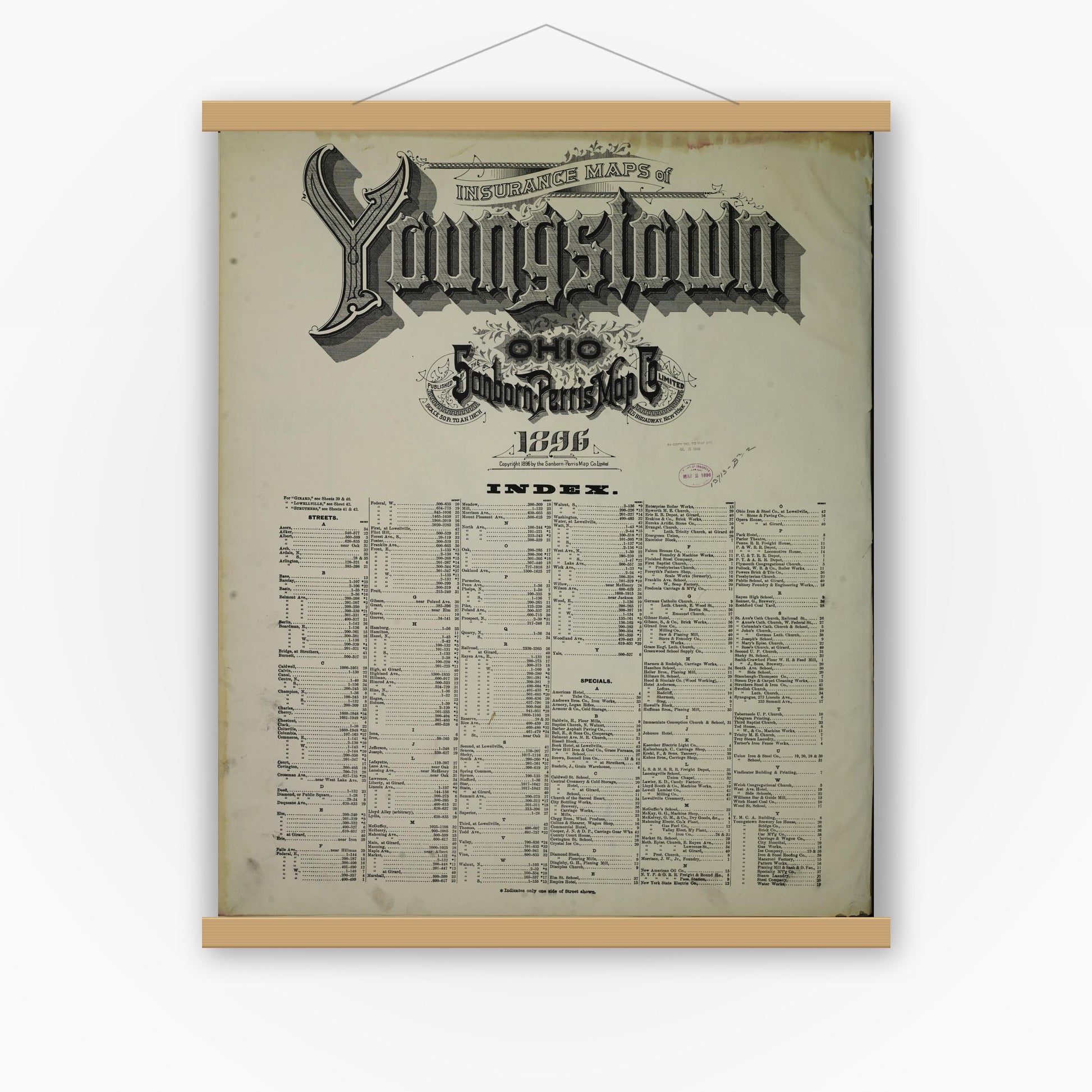 Old map wall art mockup — magnetic wood frame on white wall — Sanborn Fire Insurance Map from Youngstown, Mahoning County, Ohio (1896), Sheet #0001