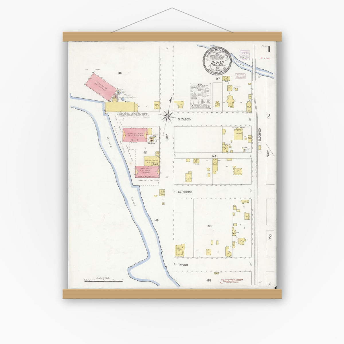 Old map wall art mockup — magnetic wood frame on white wall — Sanborn Fire Insurance Map from Alviso, Santa Clara County, California (1908), Sheet #0001
