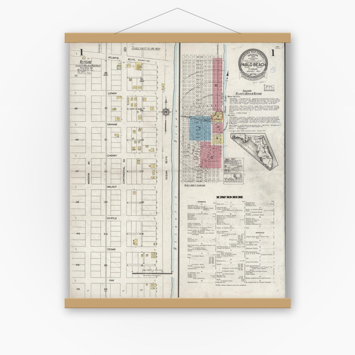 Old map wall art mockup — magnetic wood frame on white wall — Sanborn Fire Insurance Map from Pablo Beach, Duval County, Florida (1924) - Complete Map Set