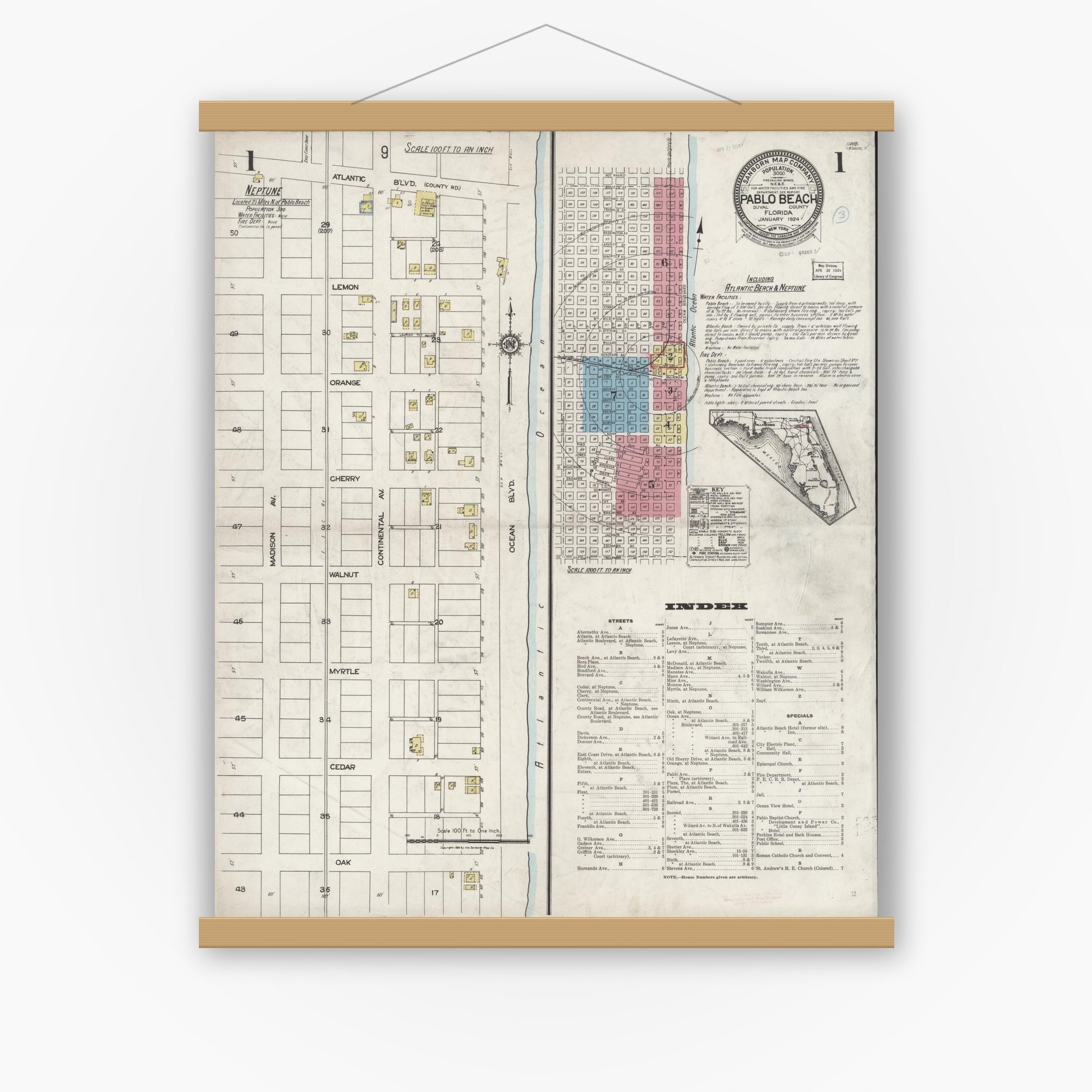 Old map wall art mockup — magnetic wood frame on white wall — Sanborn Fire Insurance Map from Pablo Beach, Duval County, Florida (1924) - Complete Map Set