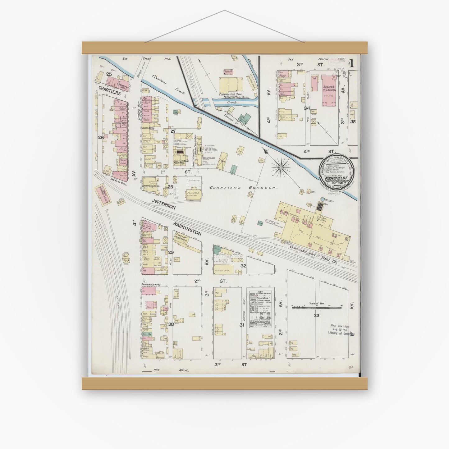 Old map wall art mockup — magnetic wood frame on white wall — Sanborn Fire Insurance Map from Mansfield Borough, Allegheny County, Pennsylvania (1889), Sheet #0001