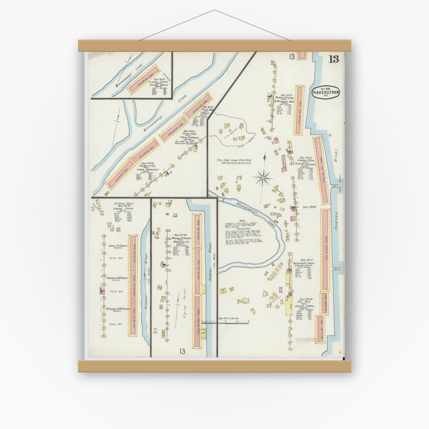 Old map wall art mockup — magnetic wood frame on white wall — Sanborn Fire Insurance Map from Haverstraw, Rockland County, New York (1896), Sheet #0013