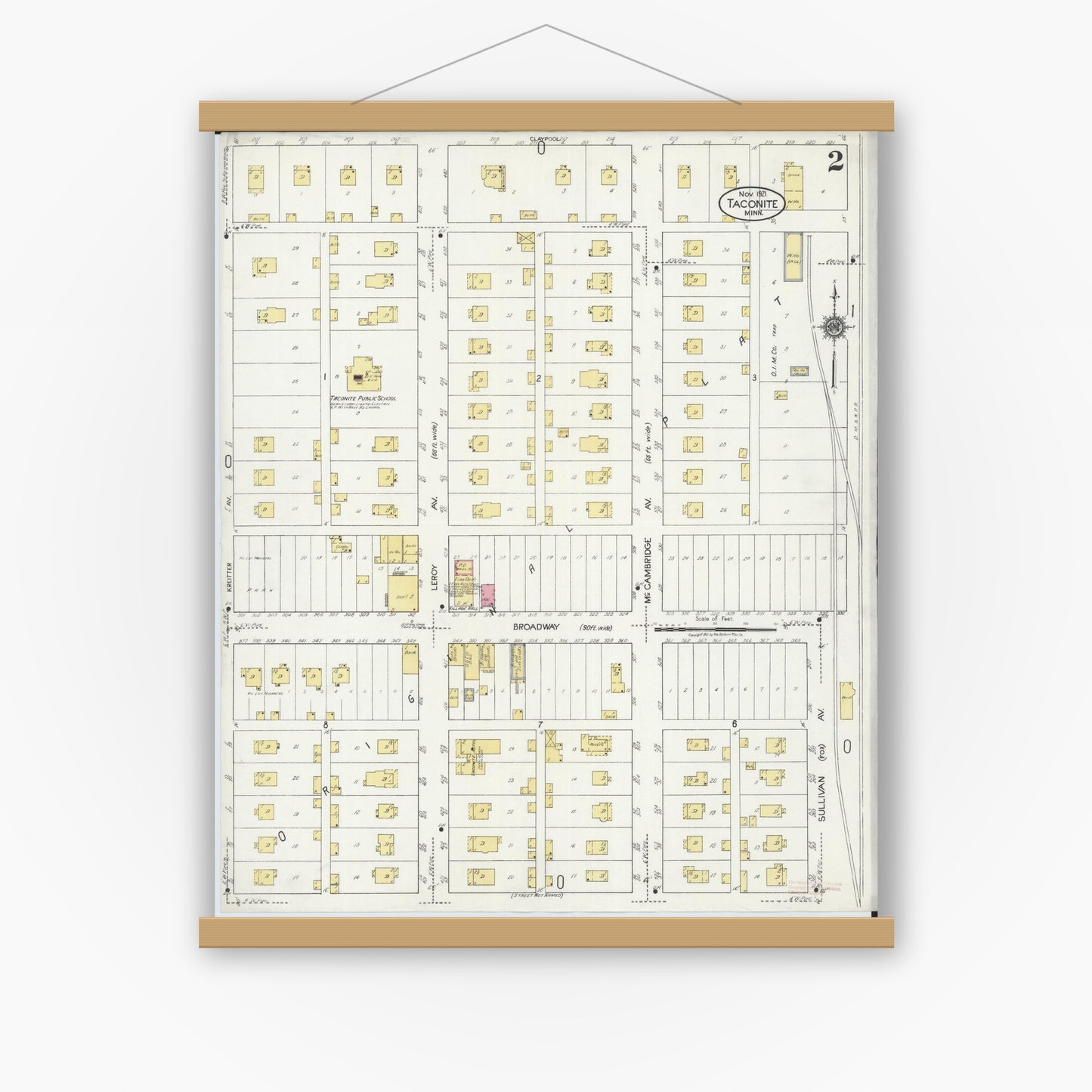 Old map wall art mockup — magnetic wood frame on white wall — Sanborn Fire Insurance Map from Taconite, Ltasca County, Minnesota (1921), Sheet #0002