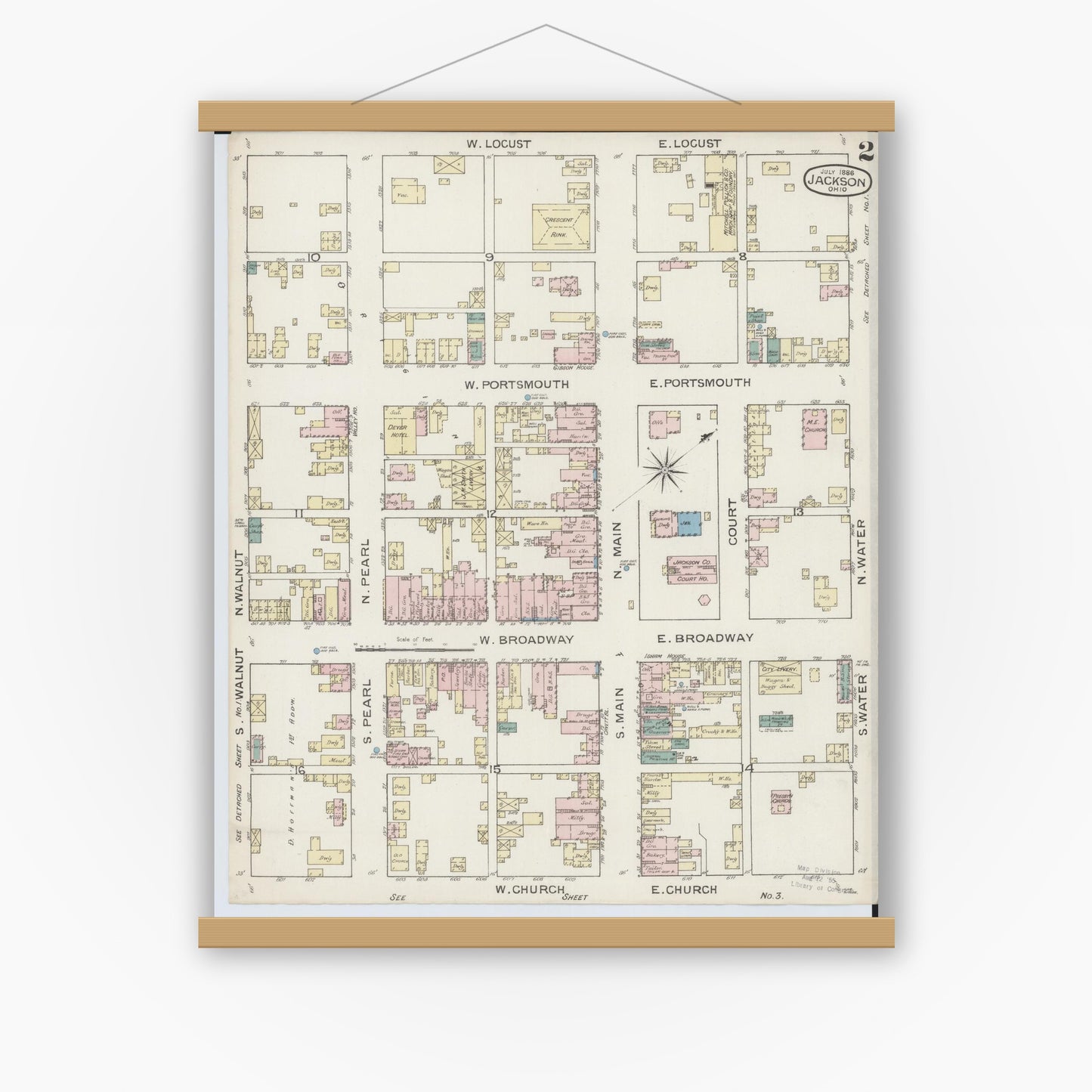 Old map wall art mockup — magnetic wood frame on white wall — Sanborn Fire Insurance Map from Jackson, Jackson County, Ohio (1886), Sheet #0002