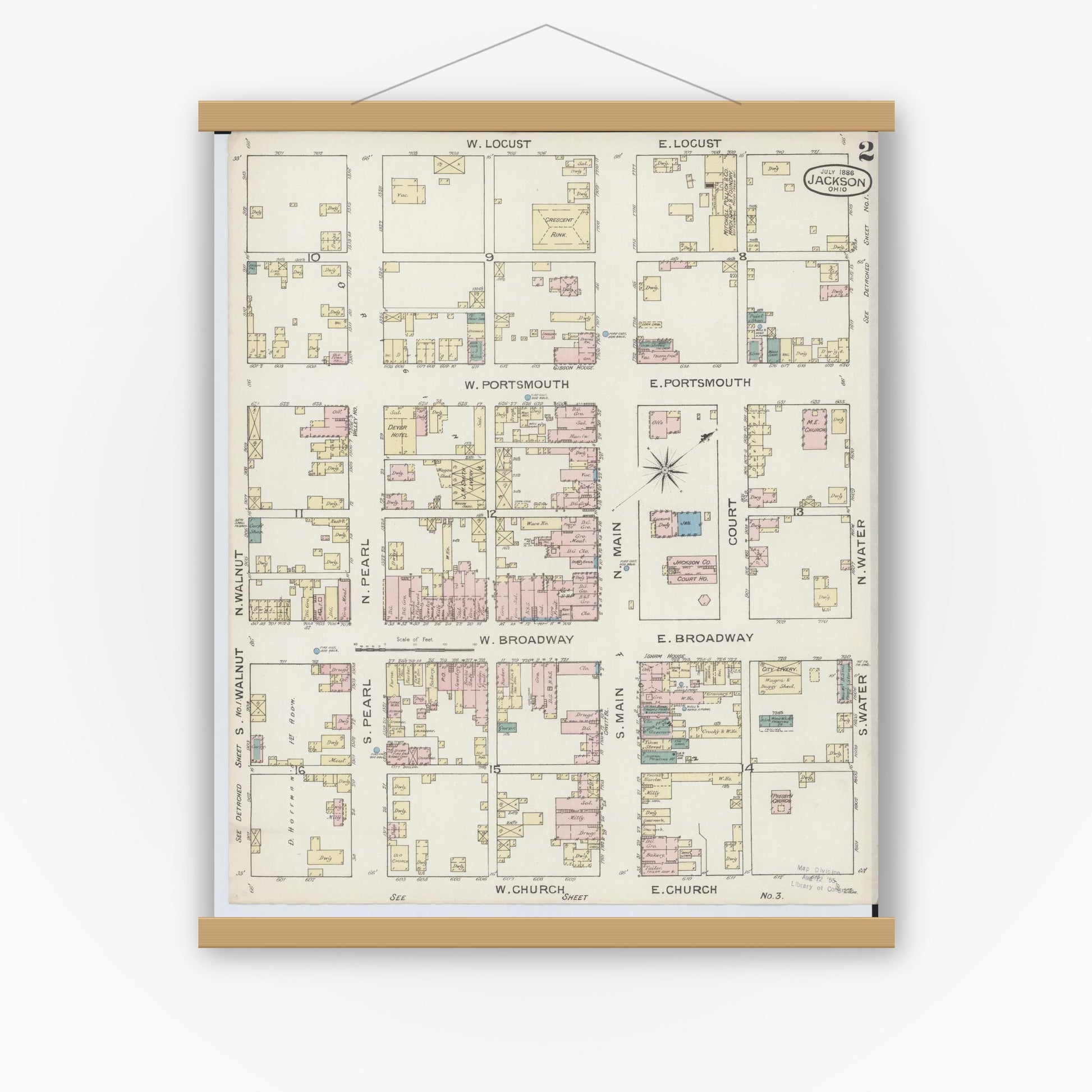 Old map wall art mockup — magnetic wood frame on white wall — Sanborn Fire Insurance Map from Jackson, Jackson County, Ohio (1886), Sheet #0002