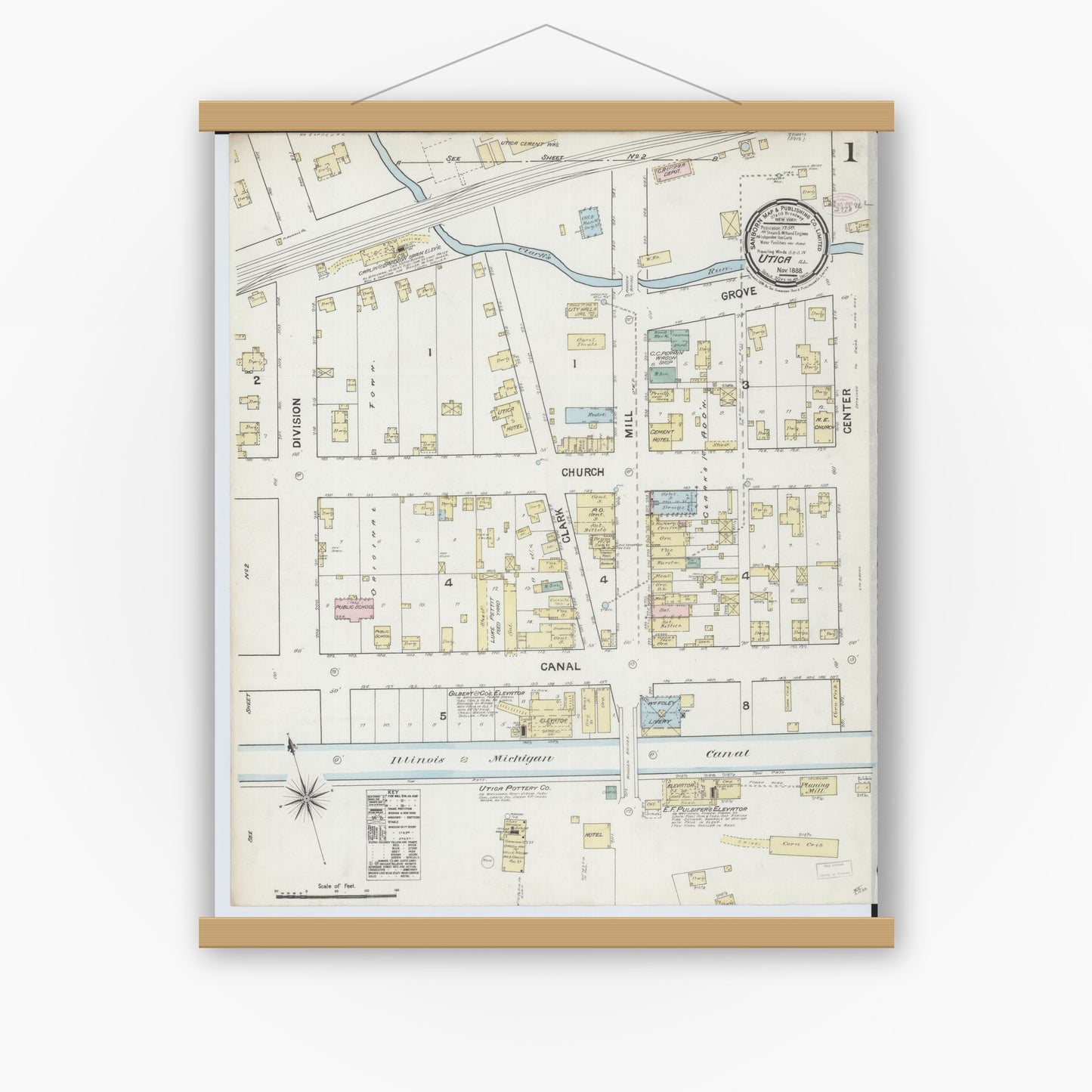 Old map wall art mockup — magnetic wood frame on white wall — Sanborn Fire Insurance Map from Utica, La Salle County, Illinois (1888) - Complete Map Set