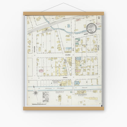 Old map wall art mockup — magnetic wood frame on white wall — Sanborn Fire Insurance Map from Utica, La Salle County, Illinois (1888) - Complete Map Set
