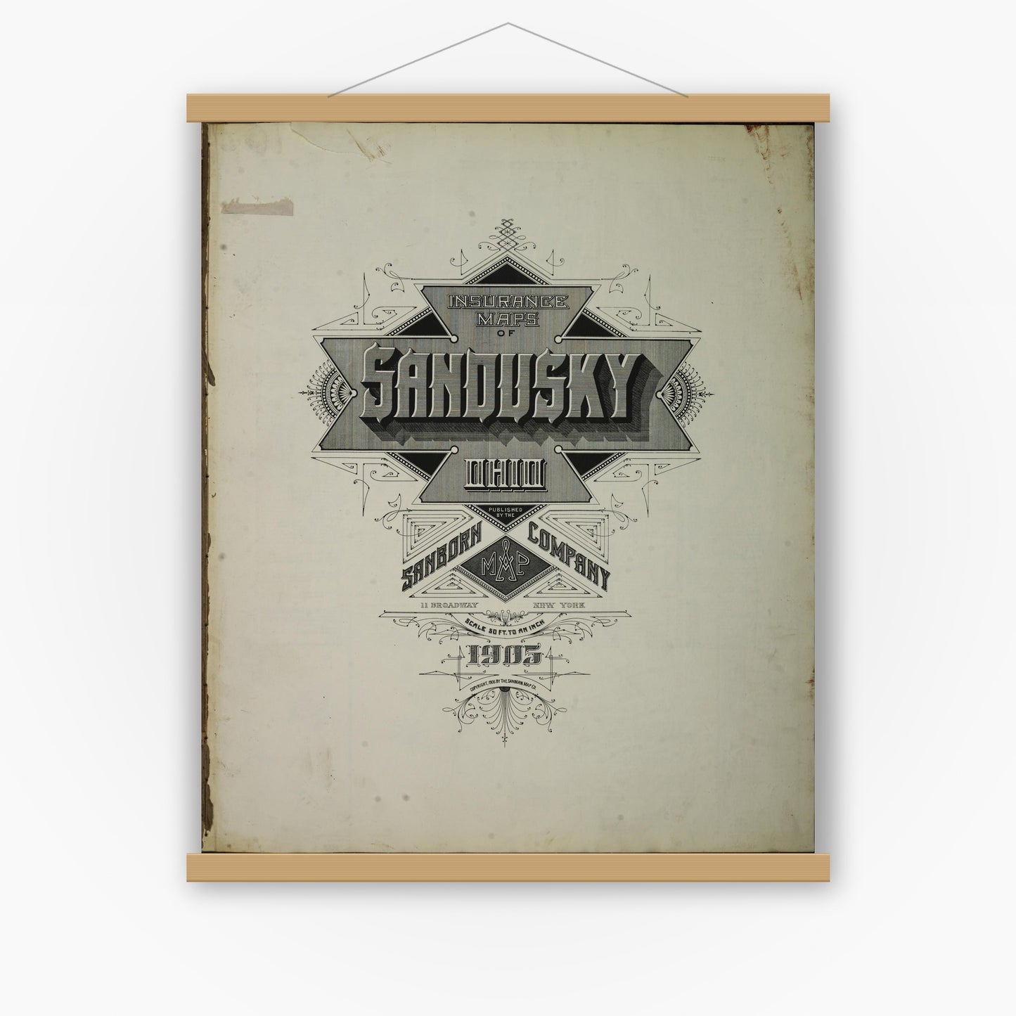 Old map wall art mockup — magnetic wood frame on white wall — Sanborn Fire Insurance Map from Sandusky, Erie County, Ohio (1905), Sheet #0001