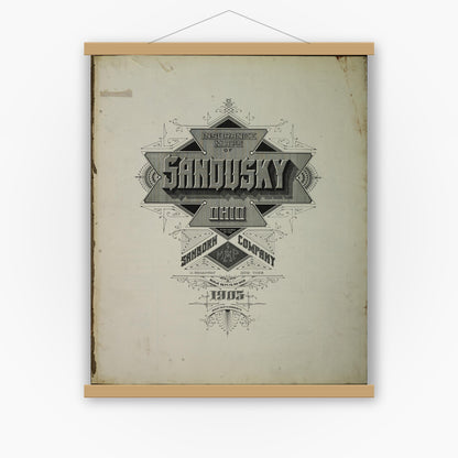 Old map wall art mockup — magnetic wood frame on white wall — Sanborn Fire Insurance Map from Sandusky, Erie County, Ohio (1905), Sheet #0001