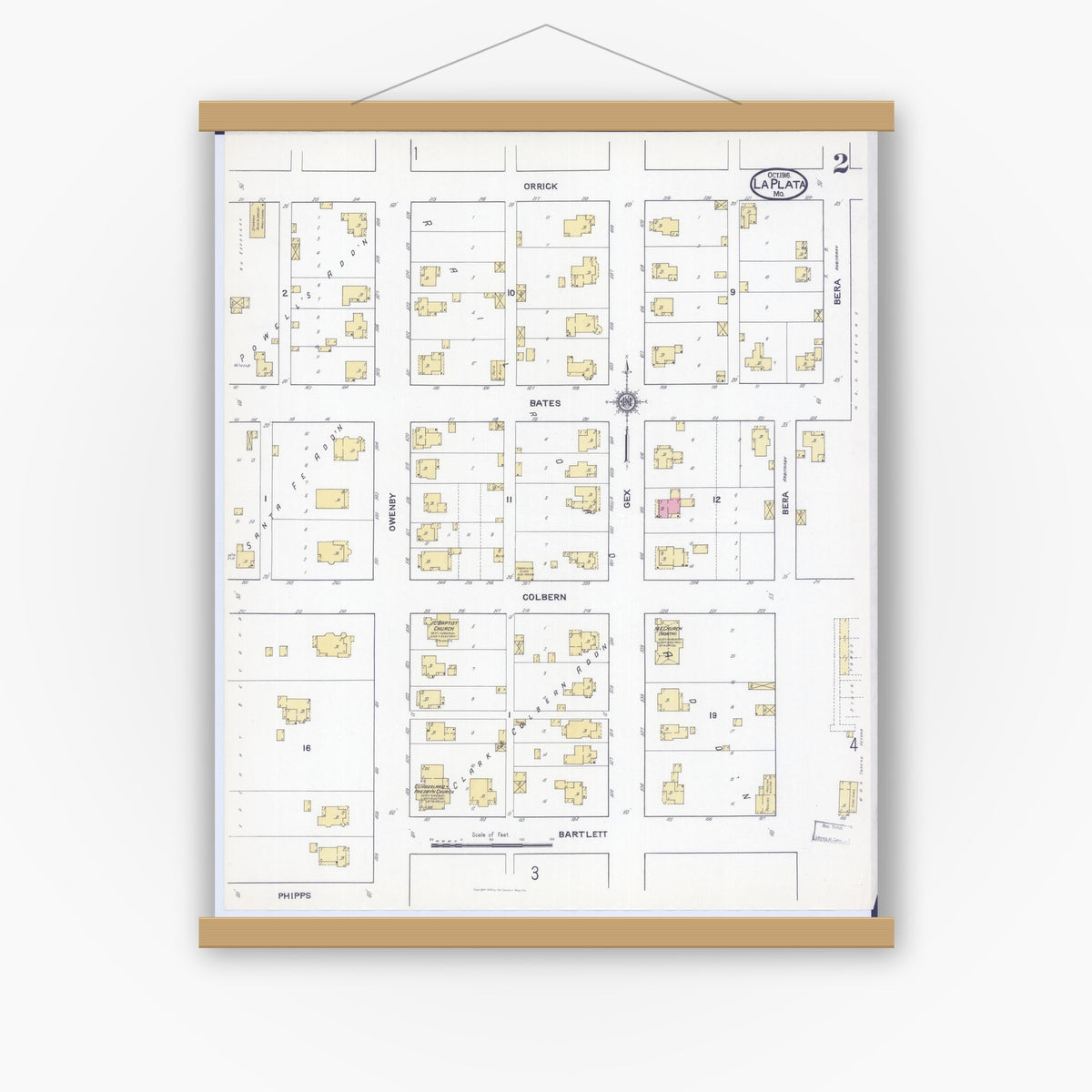 Old map wall art mockup — magnetic wood frame on white wall — Sanborn Fire Insurance Map from La Plata, Macon County, Missouri (1916), Sheet #0002