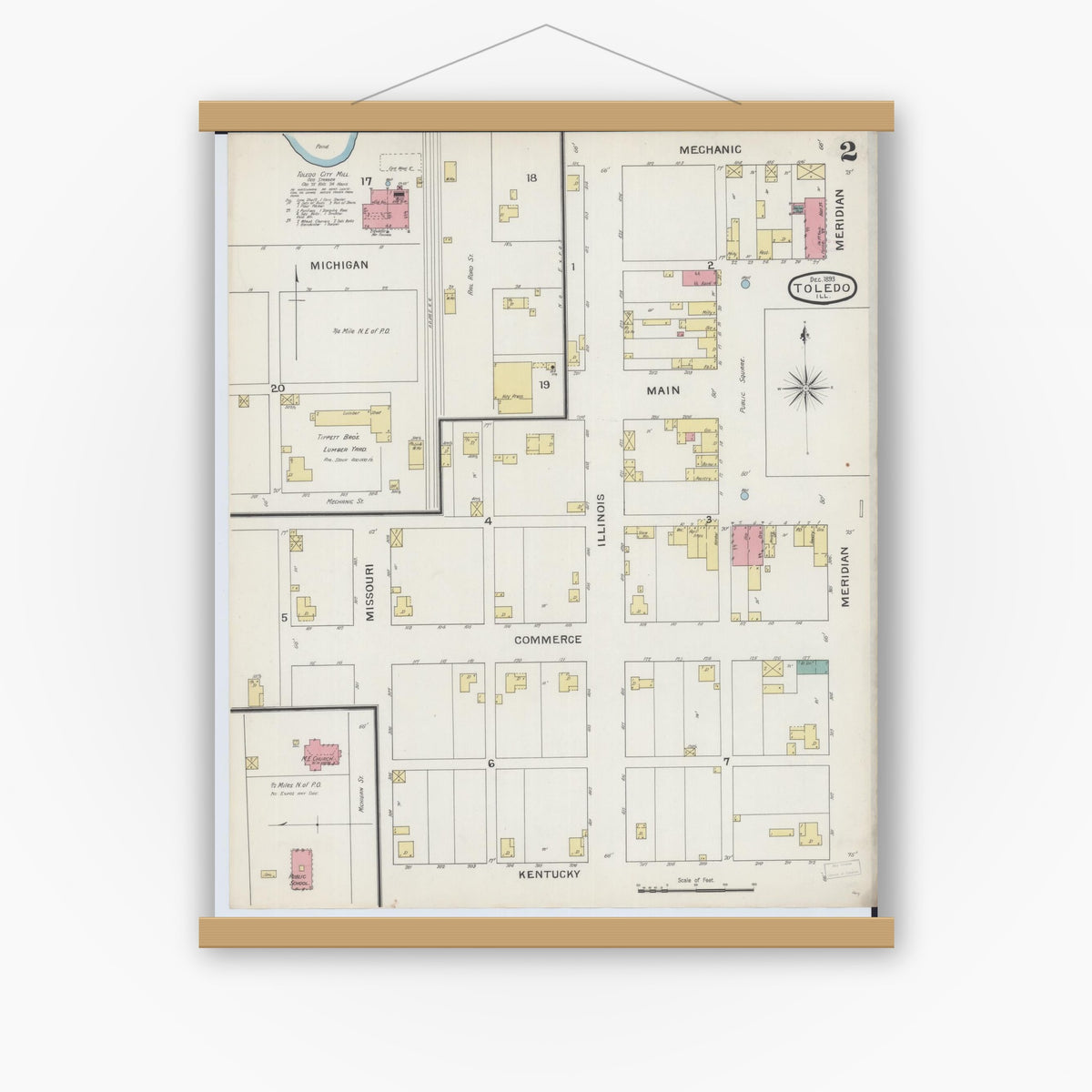 Old map wall art mockup — magnetic wood frame on white wall — Sanborn Fire Insurance Map from Toledo, Cumberland County, Illinois (1893), Sheet #0002