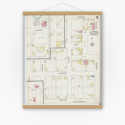 Old map wall art mockup — magnetic wood frame on white wall — Sanborn Fire Insurance Map from Toledo, Cumberland County, Illinois (1893), Sheet #0002