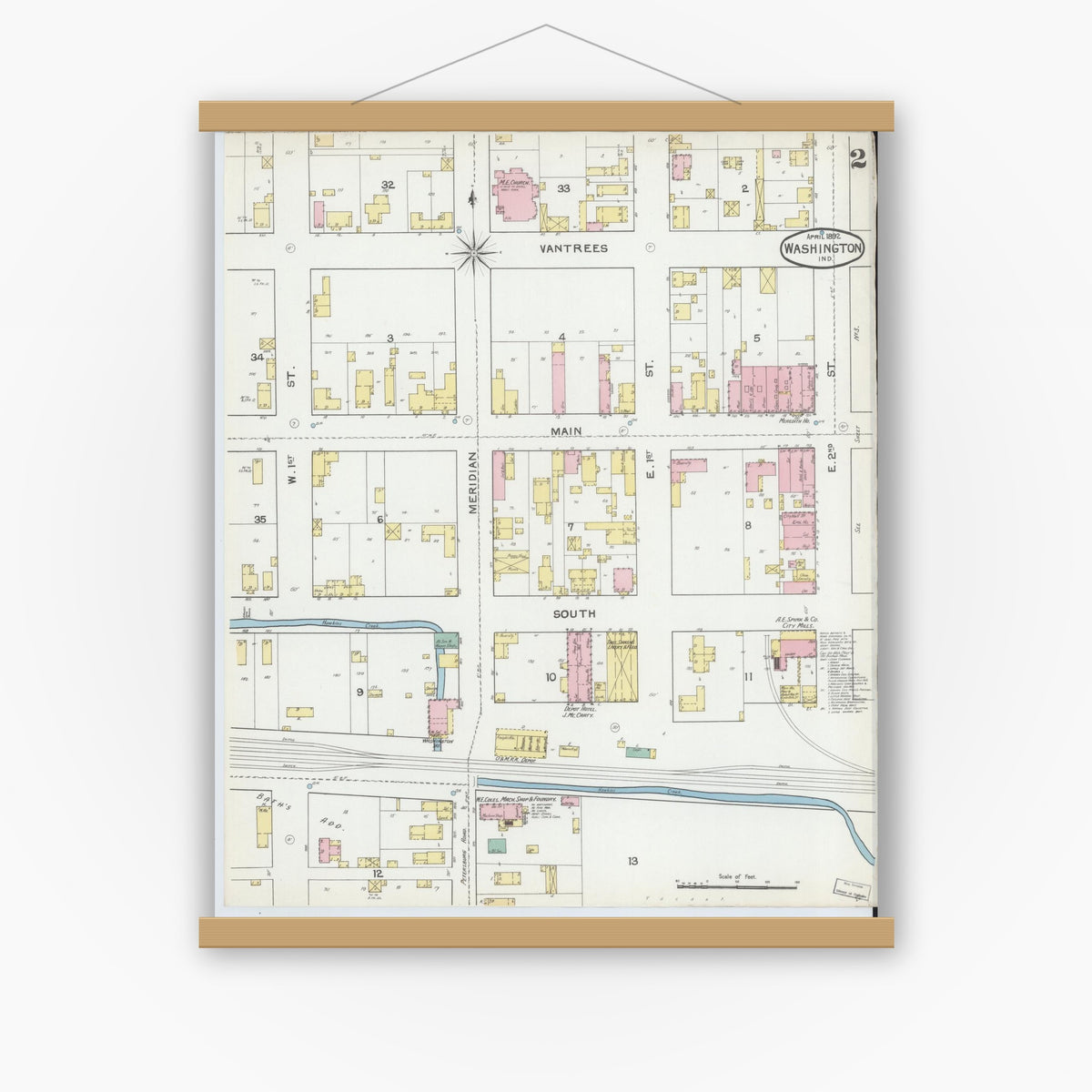 Old map wall art mockup — magnetic wood frame on white wall — Sanborn Fire Insurance Map from Washington, Daviess County, Indiana (1892), Sheet #0002