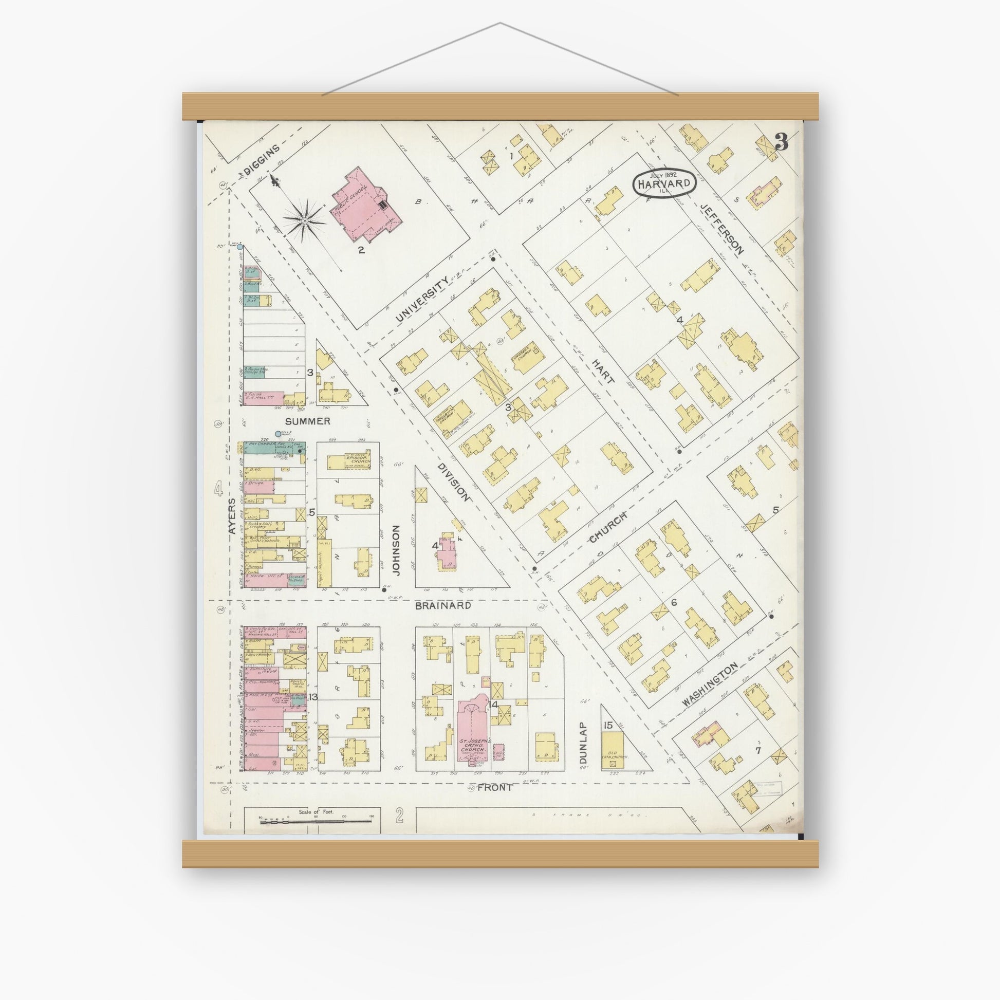 Old map wall art mockup — magnetic wood frame on white wall — Sanborn Fire Insurance Map from Harvard, McHenry County, Illinois (1892), Sheet #0003
