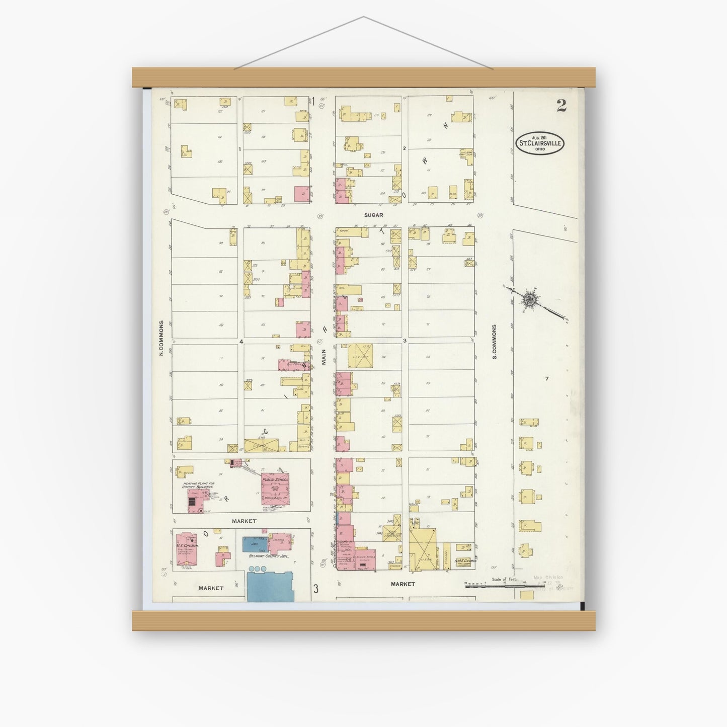 Old map wall art mockup — magnetic wood frame on white wall — Sanborn Fire Insurance Map from Saint Clairsville, Belmont County, Ohio (1911), Sheet #0002
