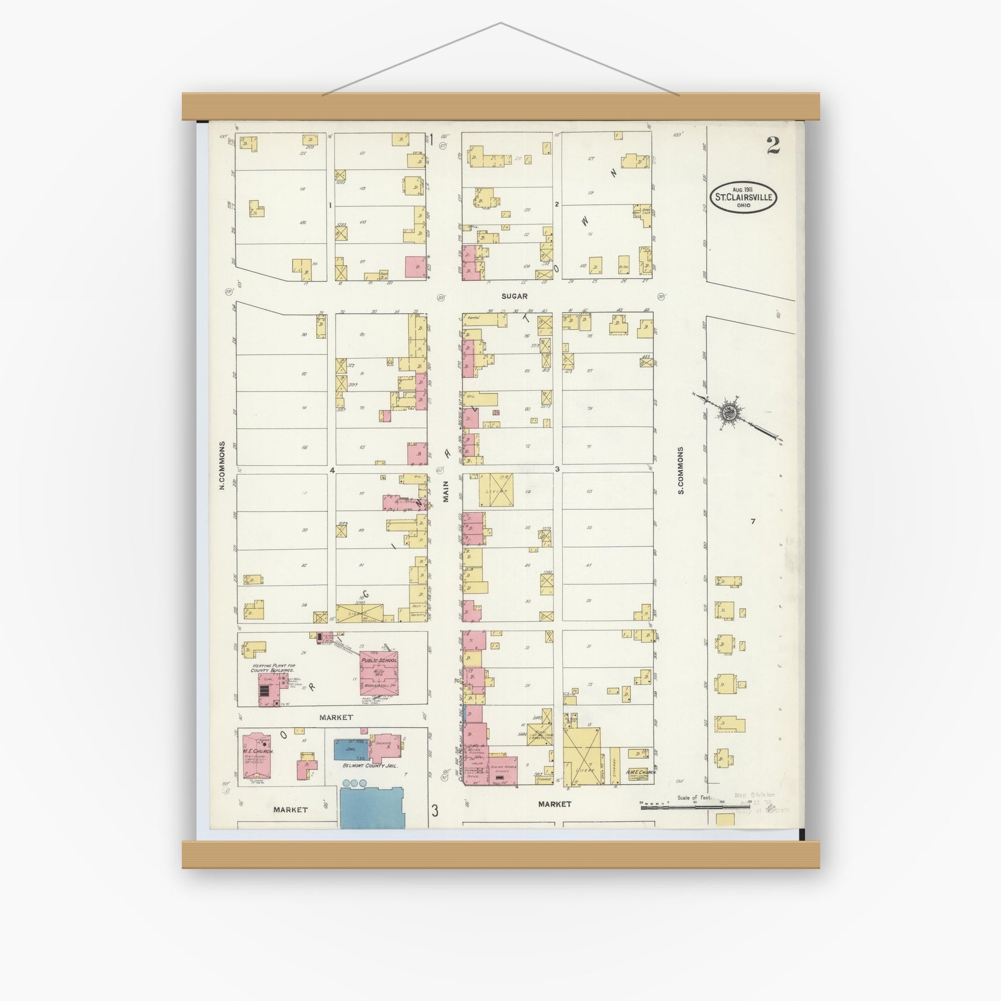 Old map wall art mockup — magnetic wood frame on white wall — Sanborn Fire Insurance Map from Saint Clairsville, Belmont County, Ohio (1911), Sheet #0002