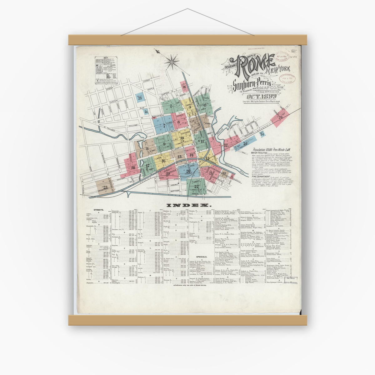 Old map wall art mockup — magnetic wood frame on white wall — Sanborn Fire Insurance Map from Rome, Oneida County, New York (1899) - Complete Map Set
