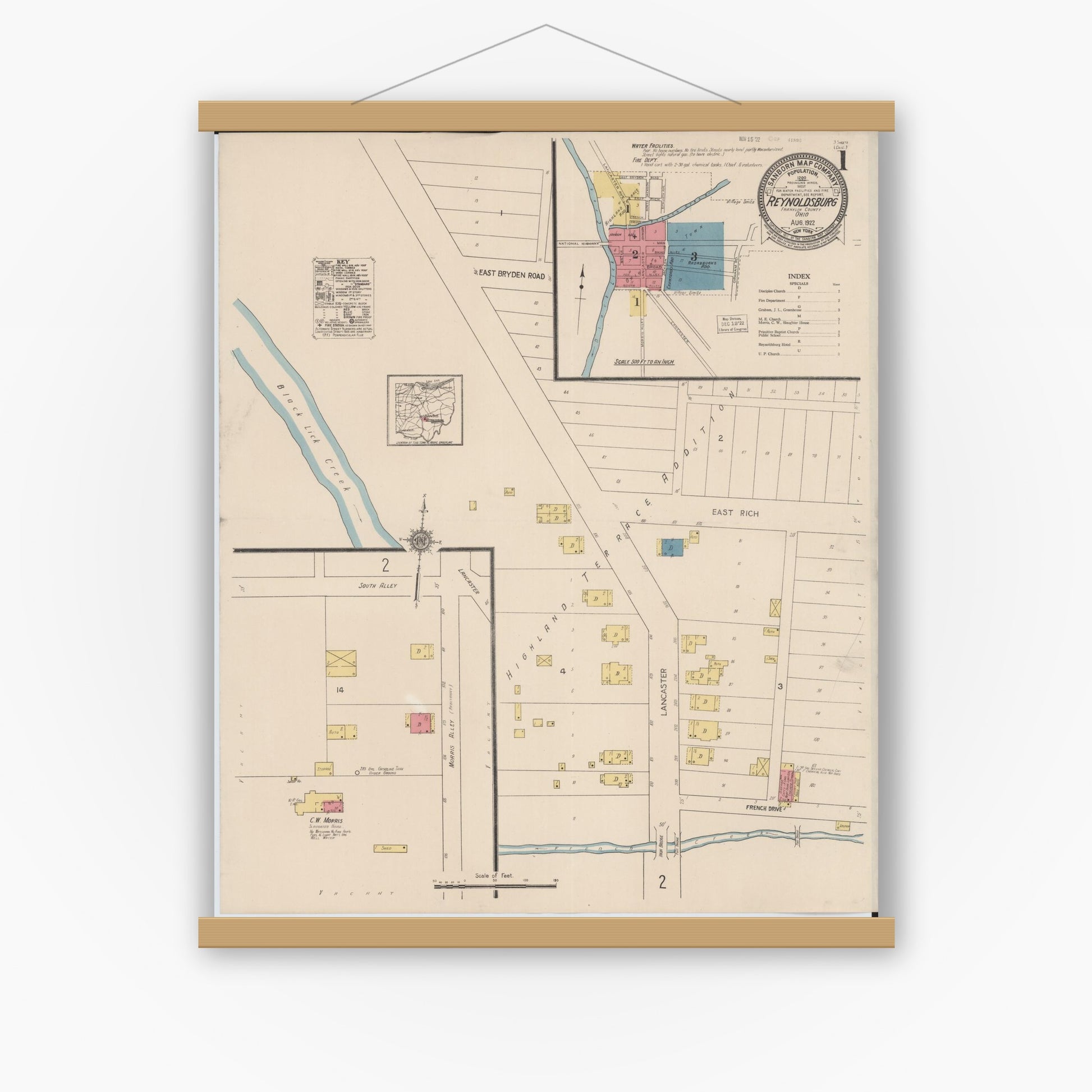Old map wall art mockup — magnetic wood frame on white wall — Sanborn Fire Insurance Map from Reynoldsburg, Franklin County, Ohio (1922) - Complete Map Set