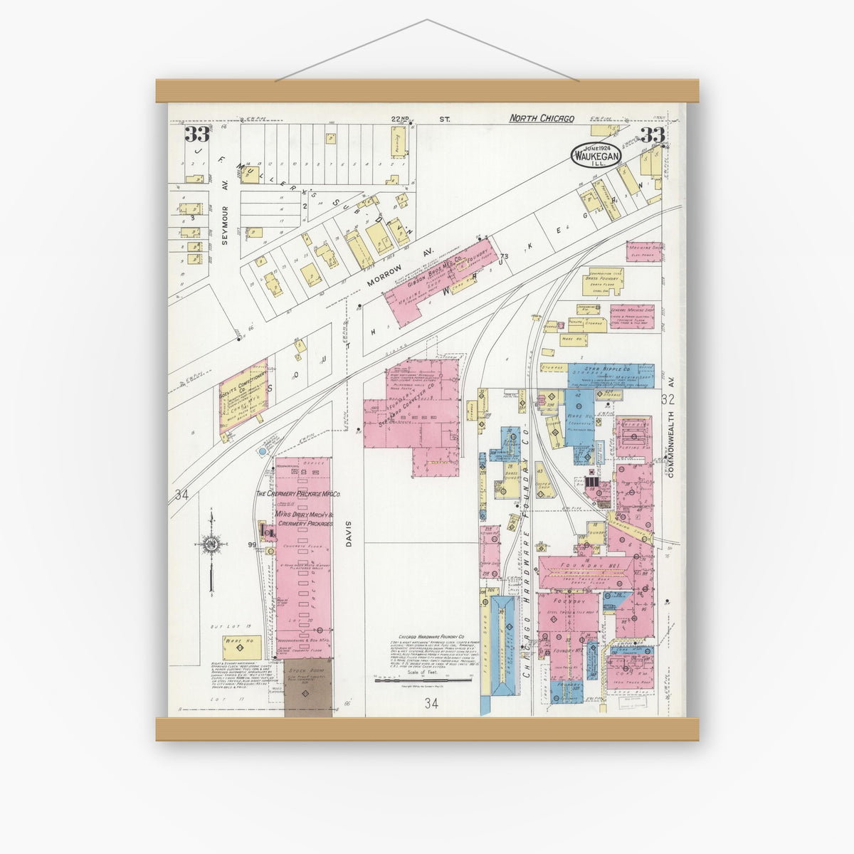 Old map wall art mockup — magnetic wood frame on white wall — Sanborn Fire Insurance Map from Waukegan, Lake County, Illinois (1924), Sheet #0033