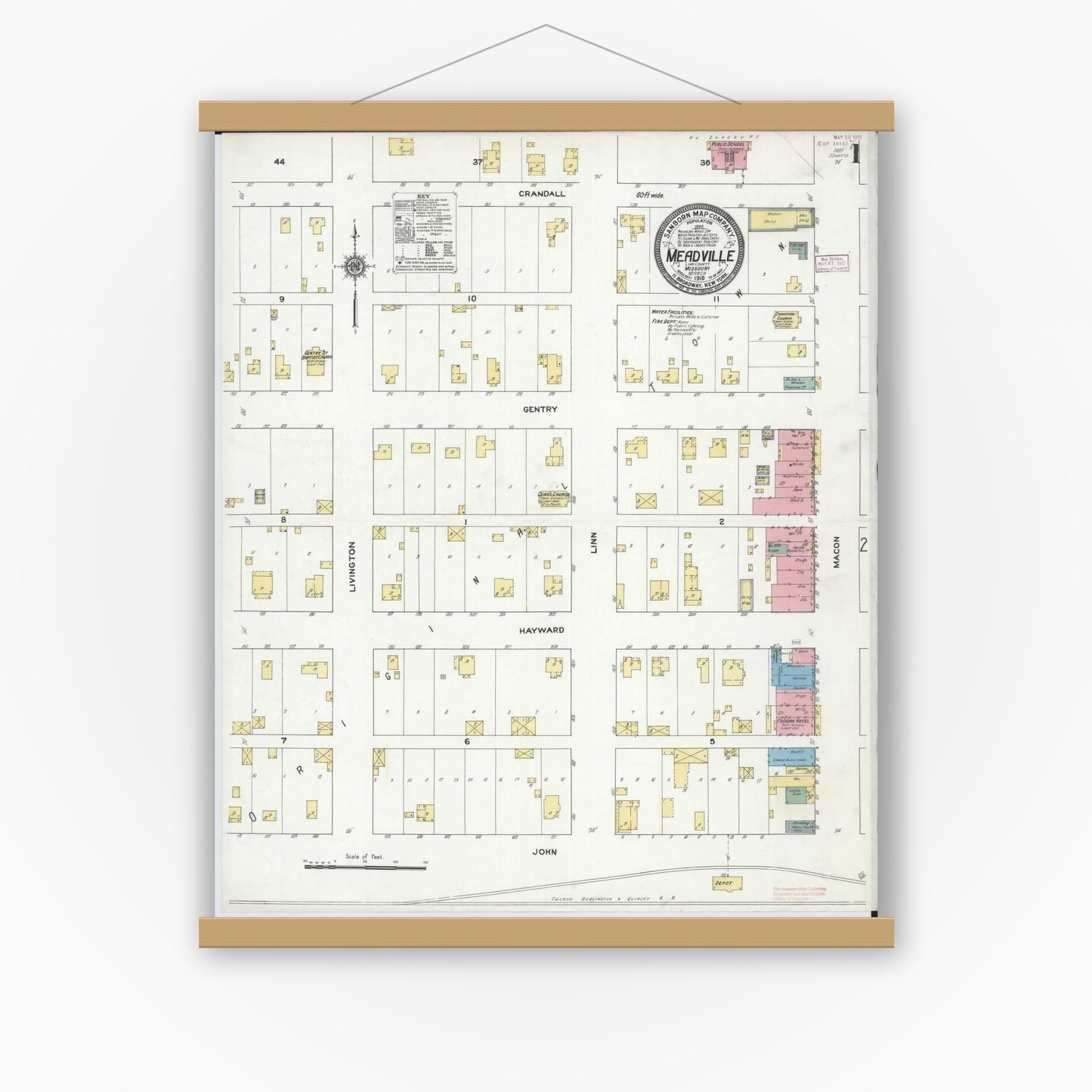 Old map wall art mockup — magnetic wood frame on white wall — Sanborn Fire Insurance Map from Meadville, Linn County, Missouri (1910) - Complete Map Set