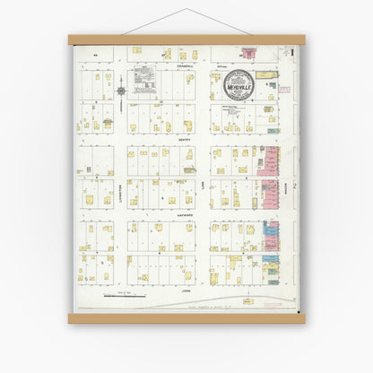 Old map wall art mockup — magnetic wood frame on white wall — Sanborn Fire Insurance Map from Meadville, Linn County, Missouri (1910) - Complete Map Set