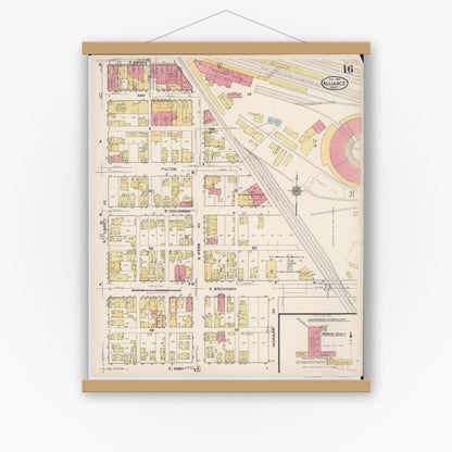 Old map wall art mockup — magnetic wood frame on white wall — Sanborn Fire Insurance Map from Alliance, Stark County, Ohio (1921), Sheet #0016