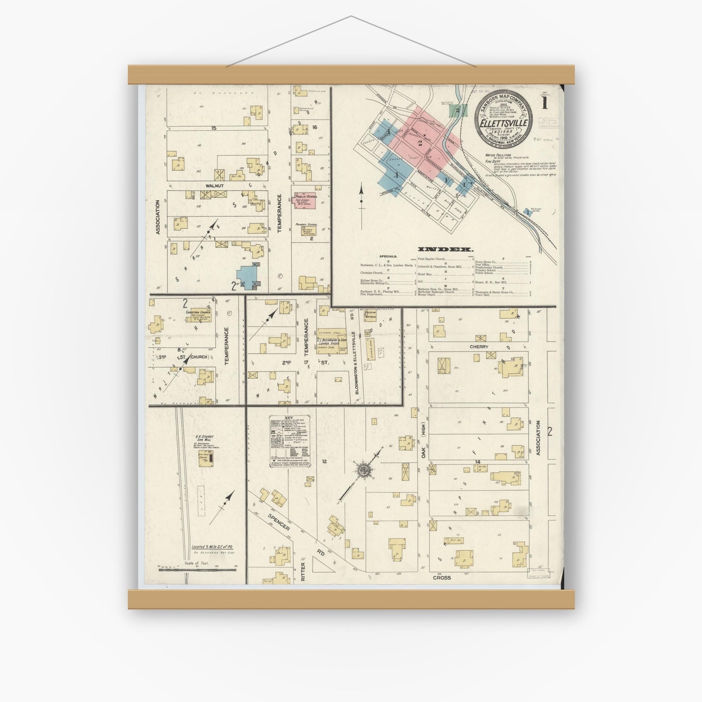 Old map wall art mockup — magnetic wood frame on white wall — Sanborn Fire Insurance Map from Ellettsville, Monroe County, Indiana (1910) - Complete Map Set