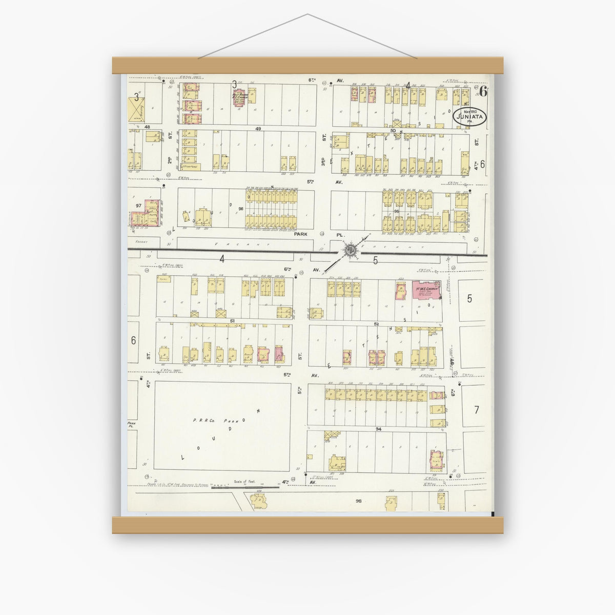 Old map wall art mockup — magnetic wood frame on white wall — Sanborn Fire Insurance Map from Juniata, Blair County, Pennsylvania (1910), Sheet #0006